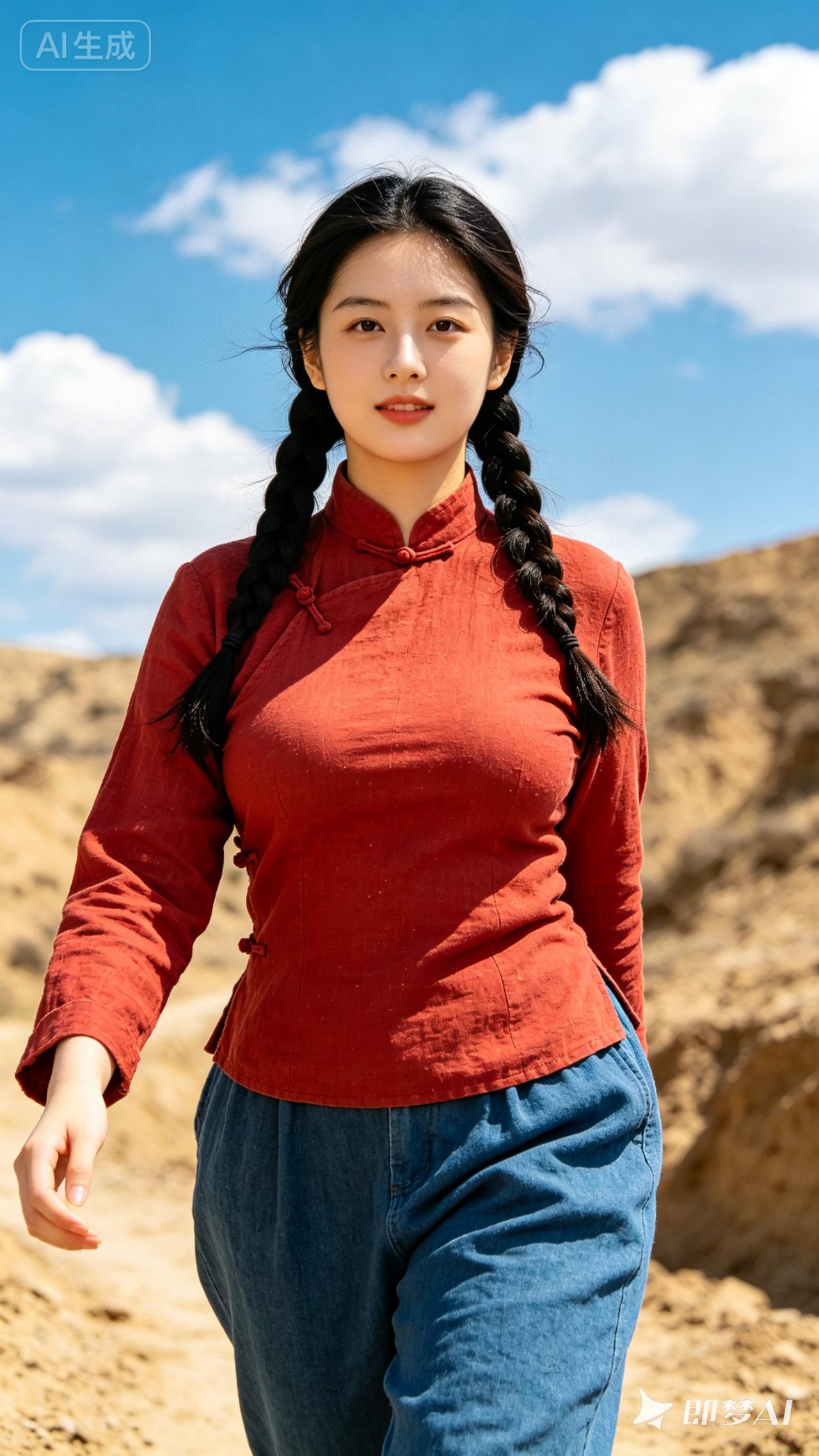 红衣少女，复古风十足，走在沙漠中，尽显优雅与自然之美。