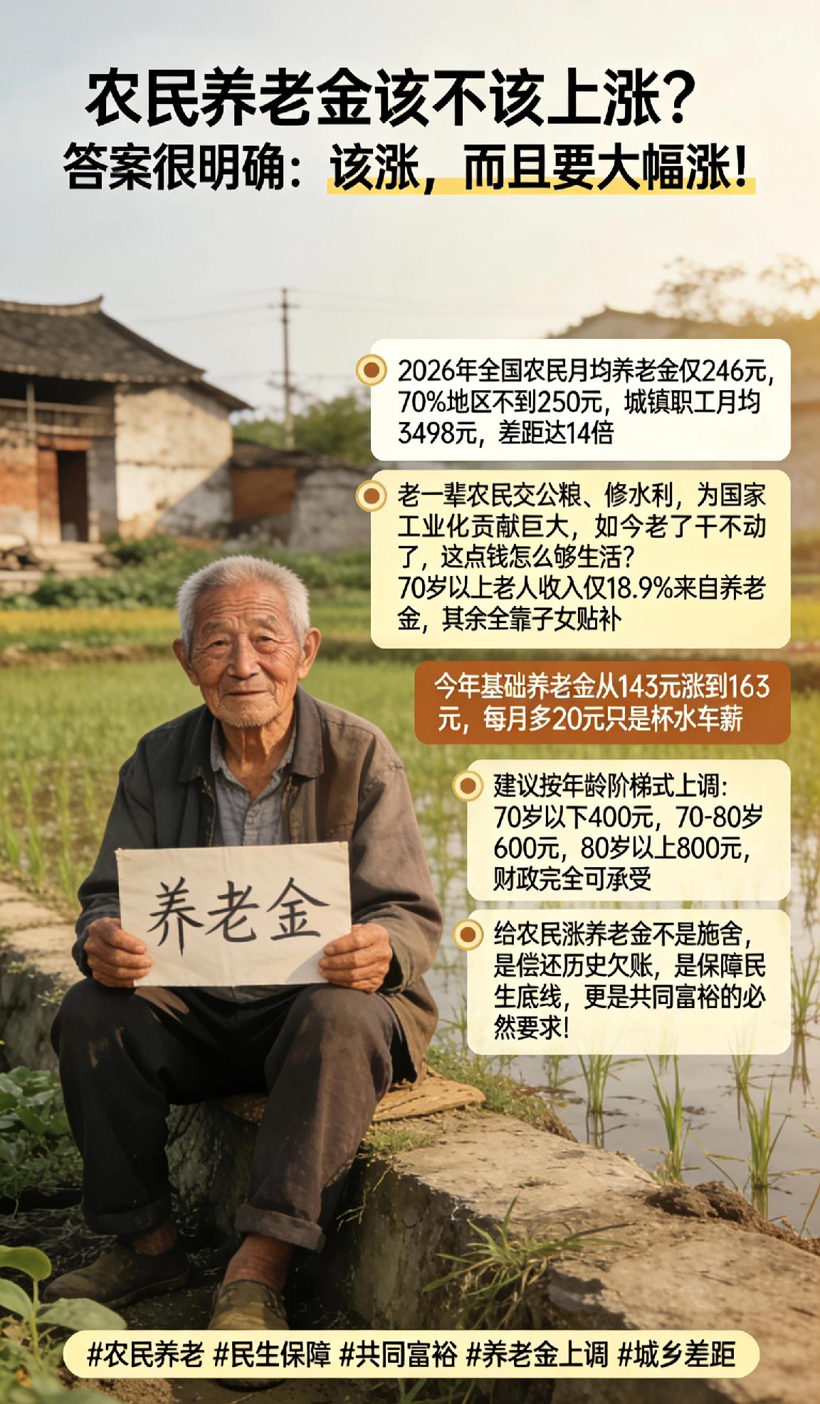 答案很明确：该涨，而且要大幅涨！2026年全国农民月均养老金仅246元，7