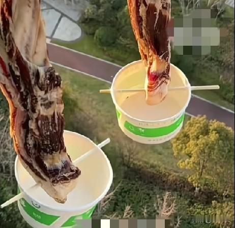 12月15日，浙江一男子在阳台上晒腊肉，为防止腊肉滴油，滴到楼下邻居的晾衣架上，