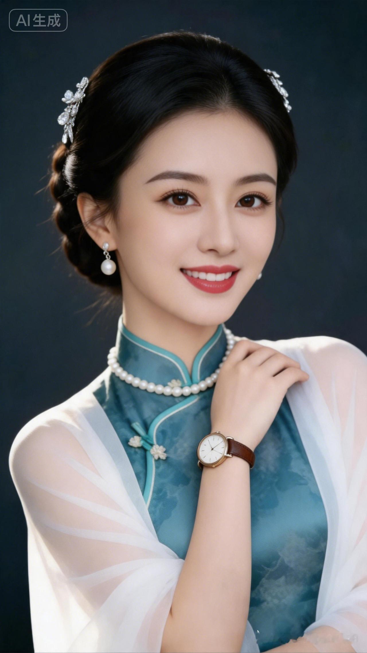 暗粉旗袍绣花纹，盘发缀小花。半侧身浅笑，口红轻显，钻石耳环、白金项链衬精致五官，