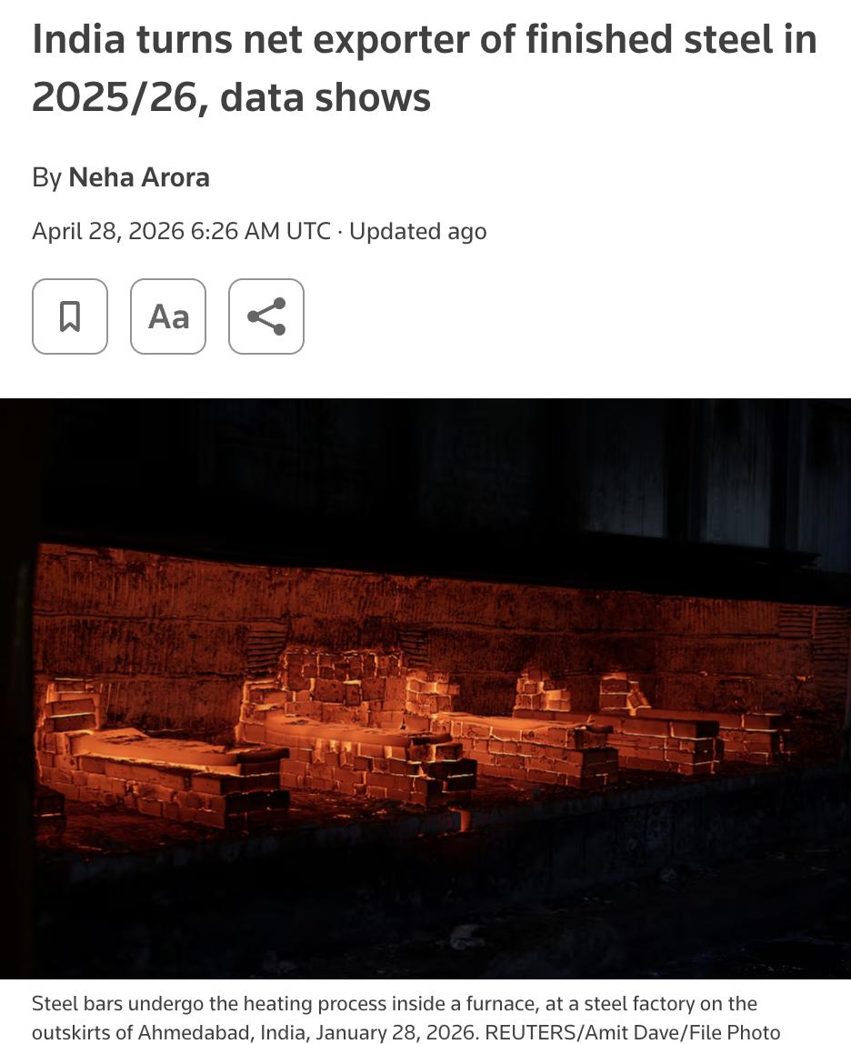 外媒：数据显示，印度在2025/26财年（截至3月31日）成为成品钢材净出口国，