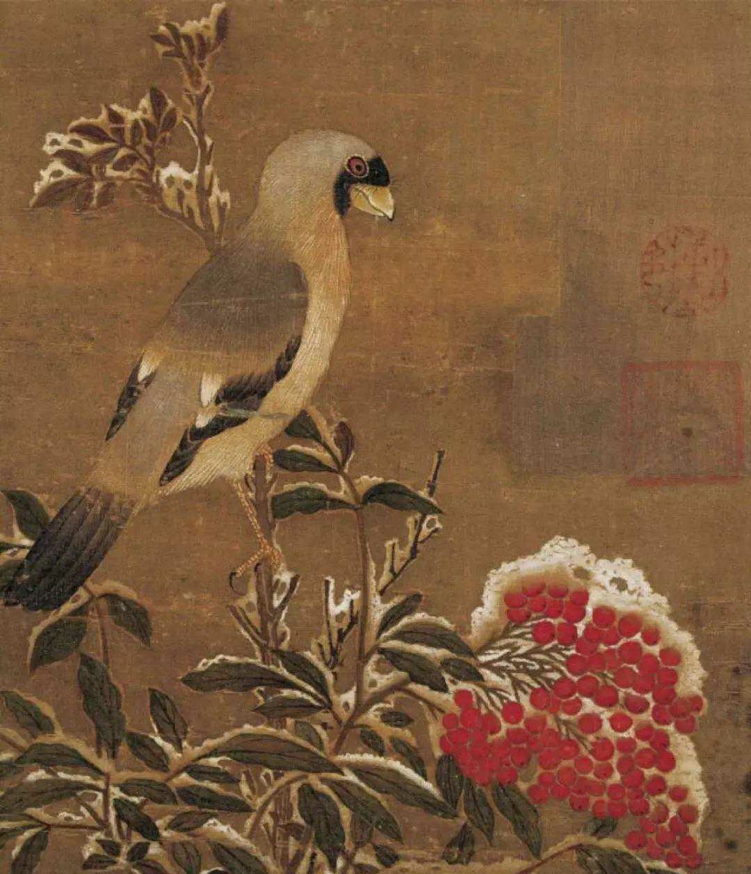 宋徐熙《天竺黄雀》。徐熙，生于名门世家，却终身不仕，放浪形骸于田野园圃，察花竹