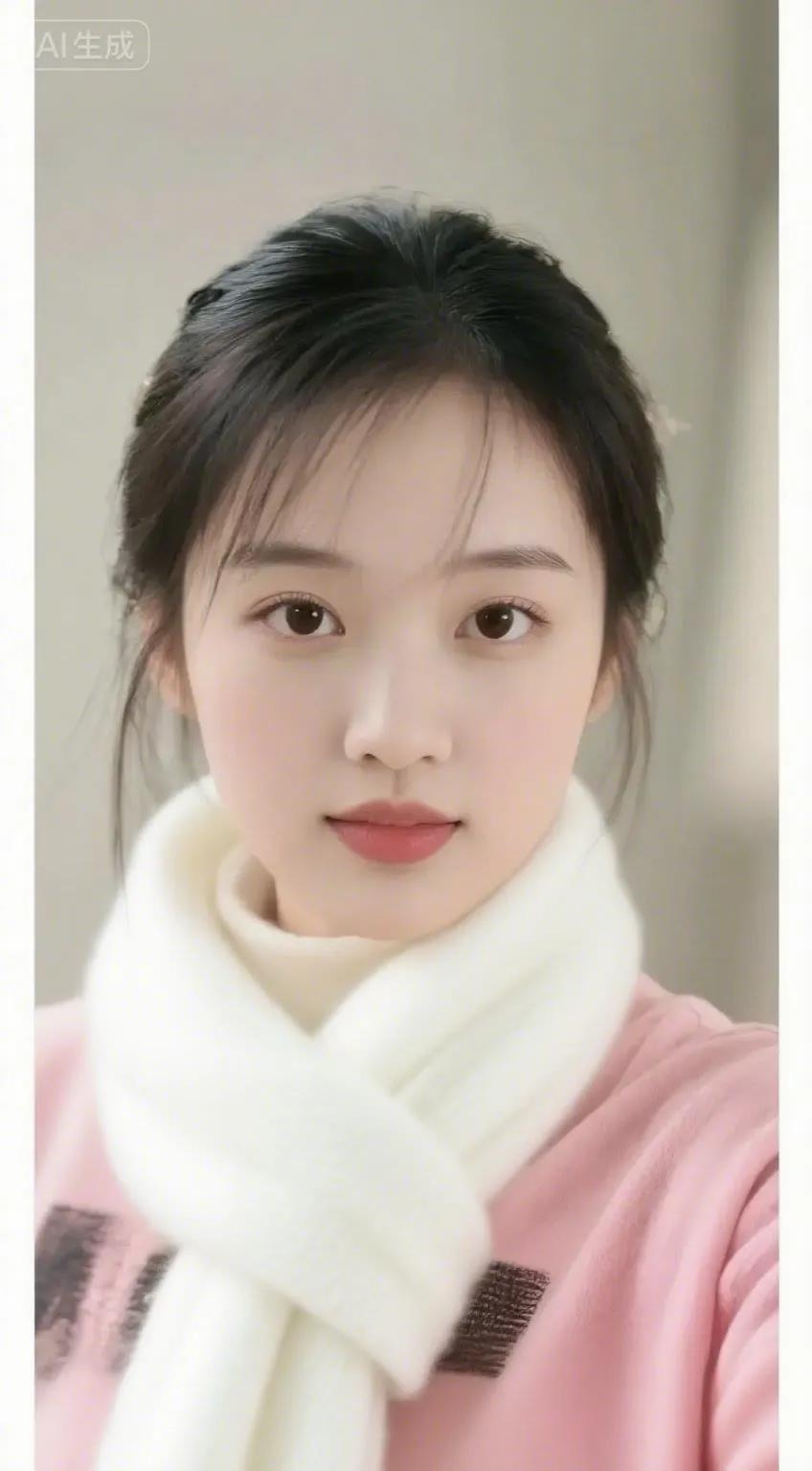 冬日暖阳下，温柔粉毛衣与白色围巾的完美搭配，尽显冬日温暖与甜美。