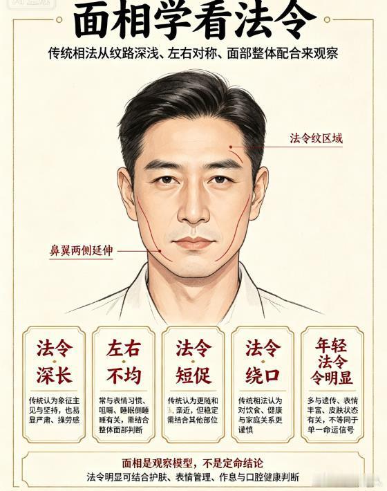 面相学看法令八字命理面相　　所谓法令纹，是指从鼻翼两侧延伸向嘴角的两条对称条纹路。颜面的神经，就是沿