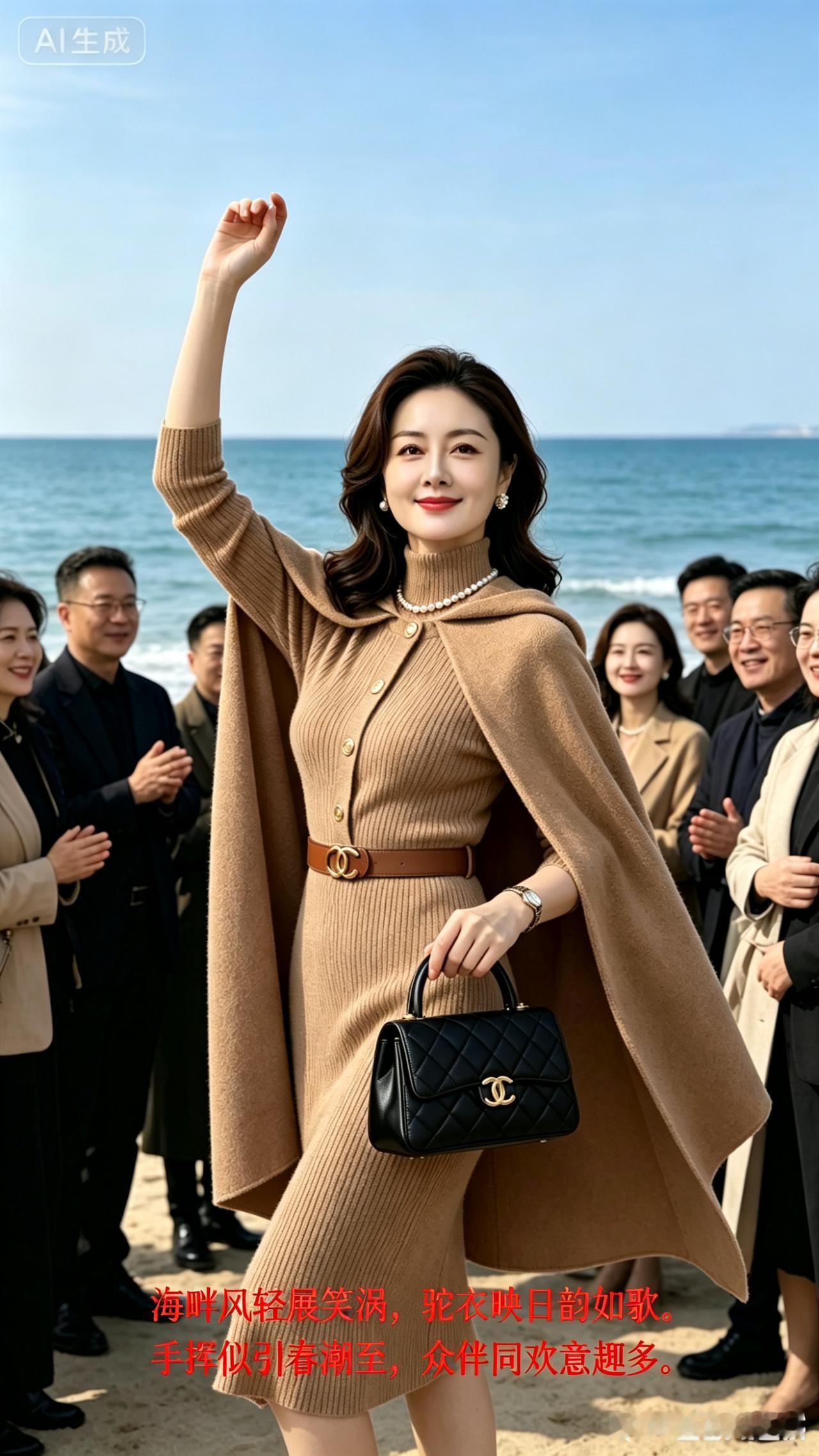 海边轻笑，驼衣映日韵如歌，手挥似引春潮至，众伴同欢意趣多。海滨休闲照下联:挥手