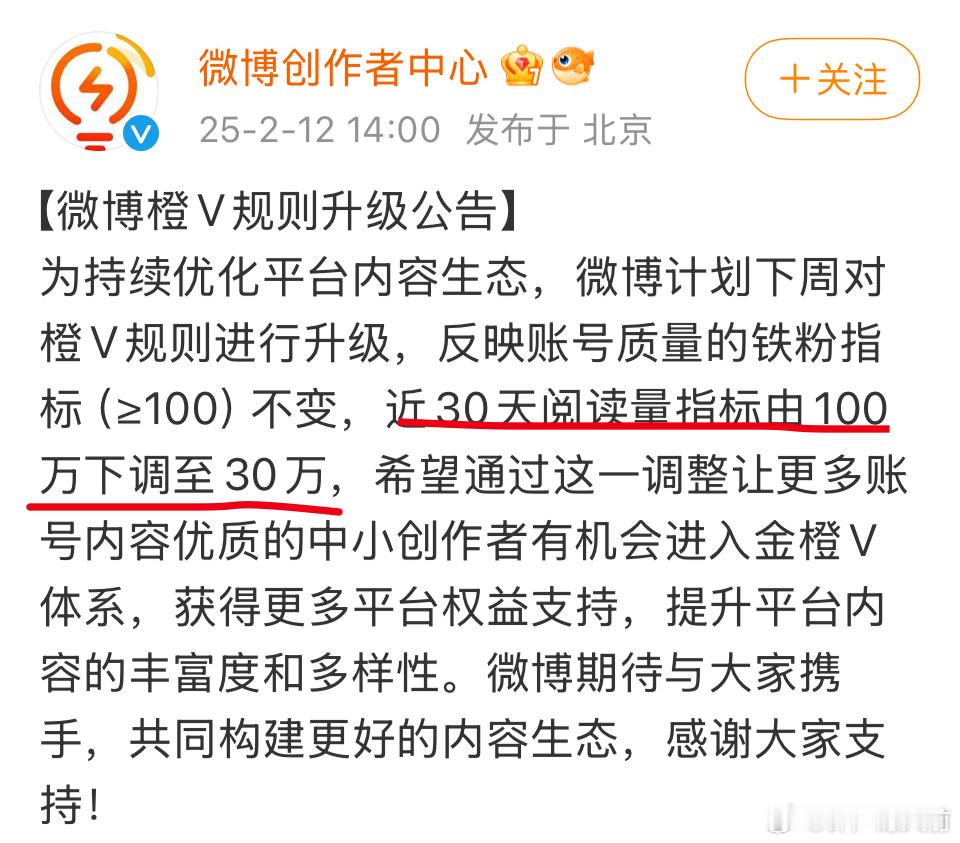 橙v标准由阅读量100w下调至30w了一直不懂，红v橙v有很大的区别么