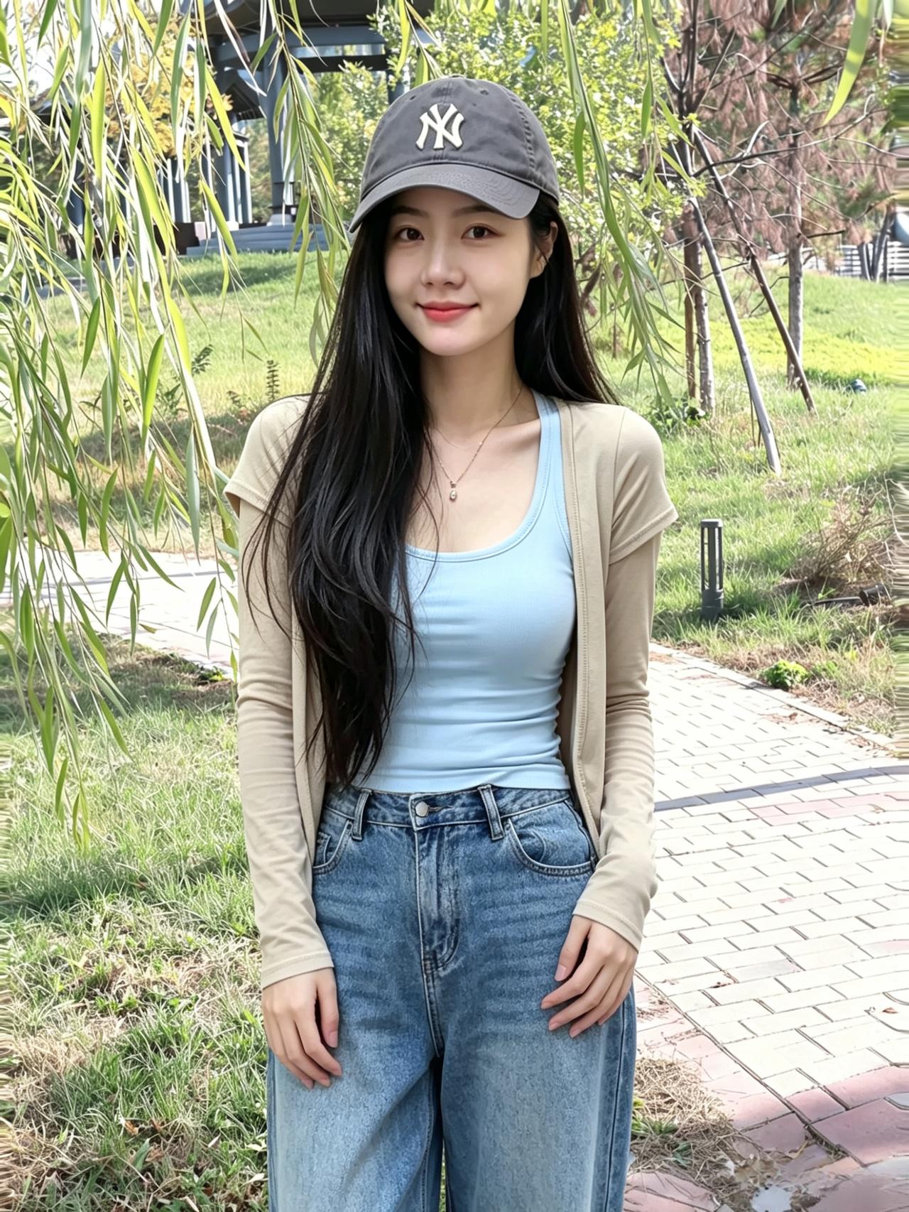 柳影疏疏落浅光，郊园闲步意悠长。肩垂墨发三千缕，面带春风一点香。简衣自在天然