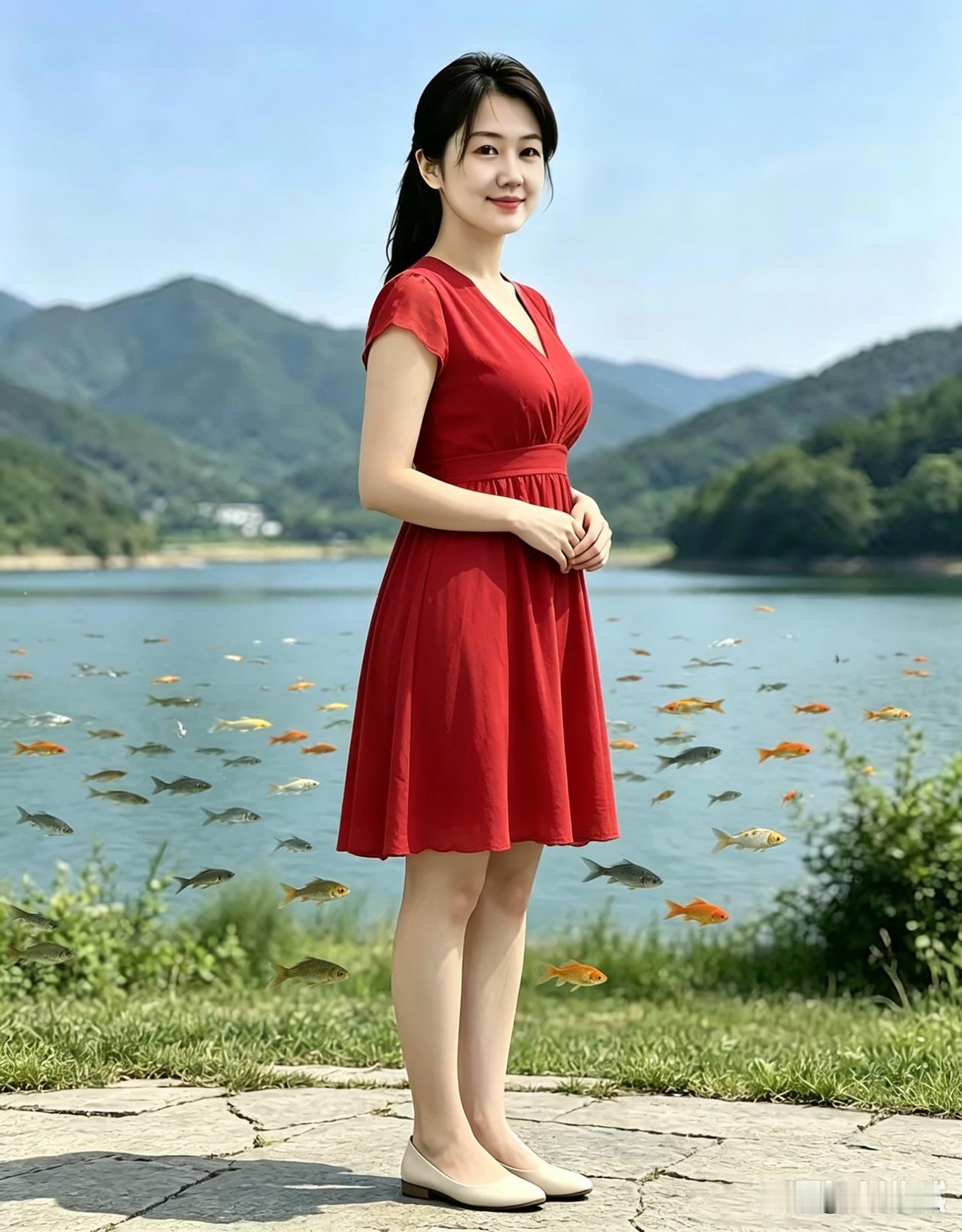 袁娘河畔立晴沙，意随锦鳞逐浪花。新换红裙明似火，轻拢云鬓艳如霞。群鱼摆尾穿波