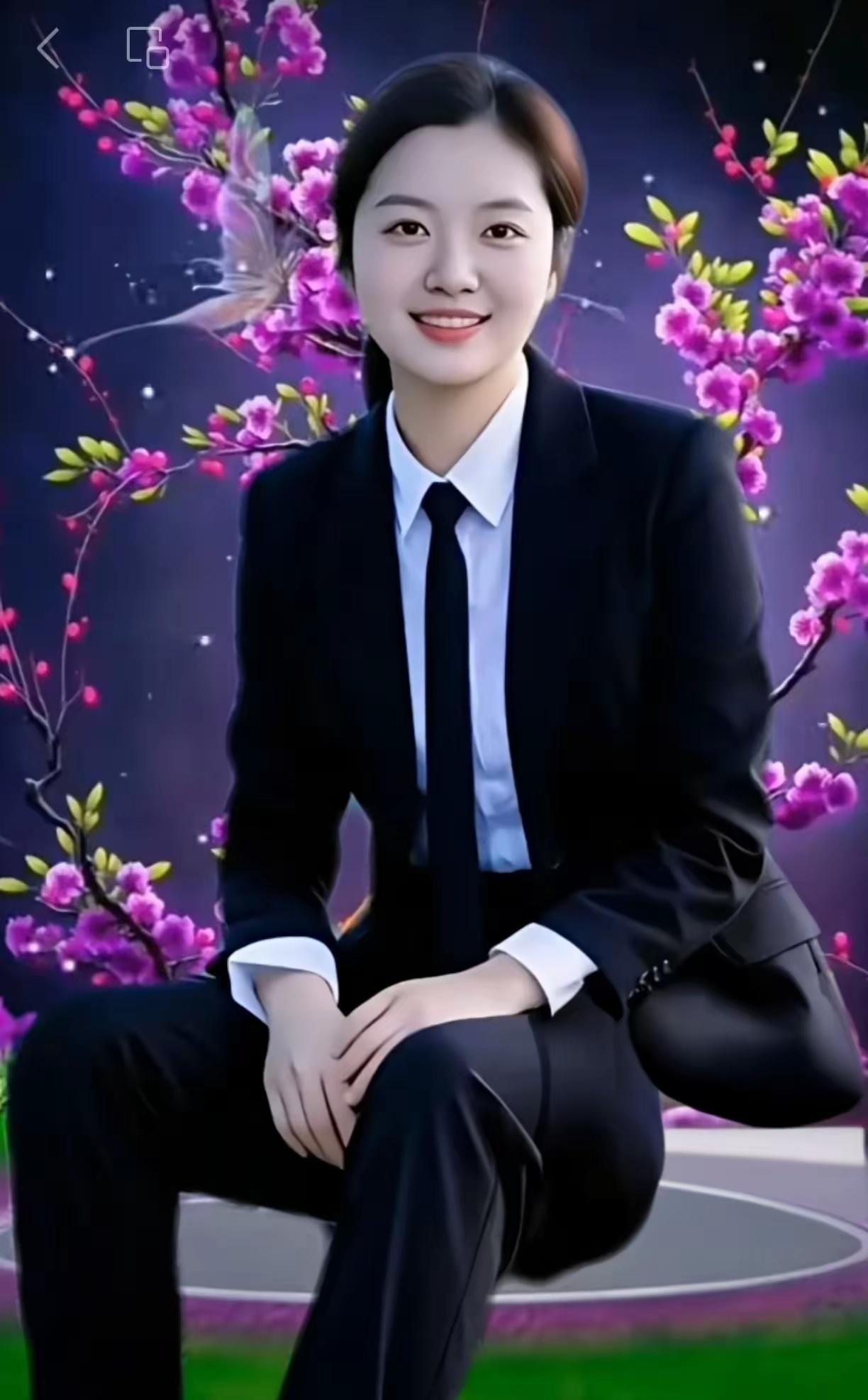穿正装的人坐在花丛前微笑。