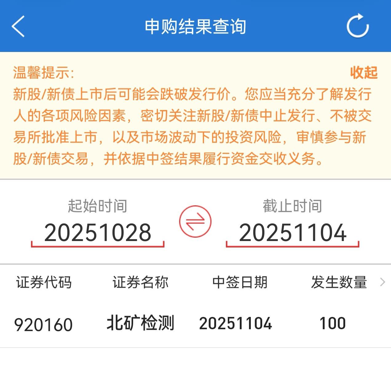 朋友们，北交所新股北矿检测的申购结果出来了，大家都中奖了吗？我是最终只有获得