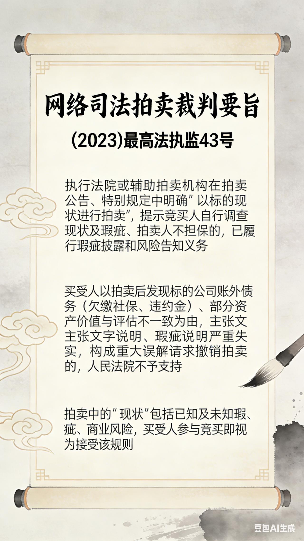 案号:(2023)最高法执监43号裁判要旨:在网络司法拍卖中，执行法院或辅助