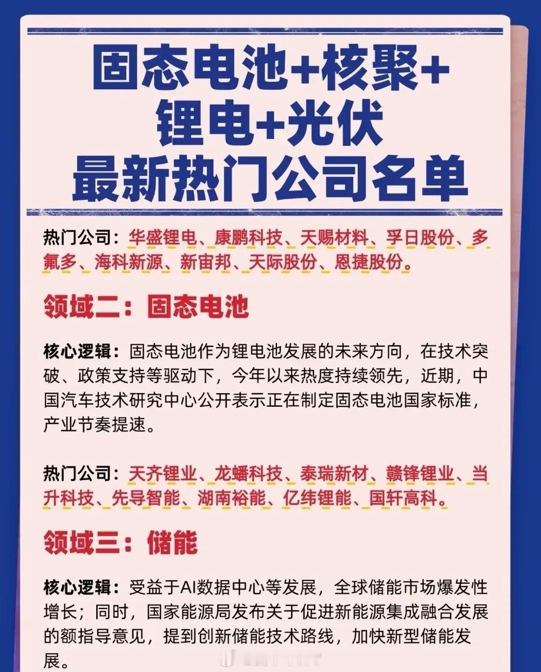 新能源领域热门公司盘点：固态电池、储能、锂电+光伏！