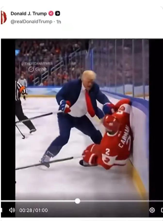 美国总统老特在社交媒体上发布了一段AI视频，内容是他率领美国冰球队和加拿大冰球队