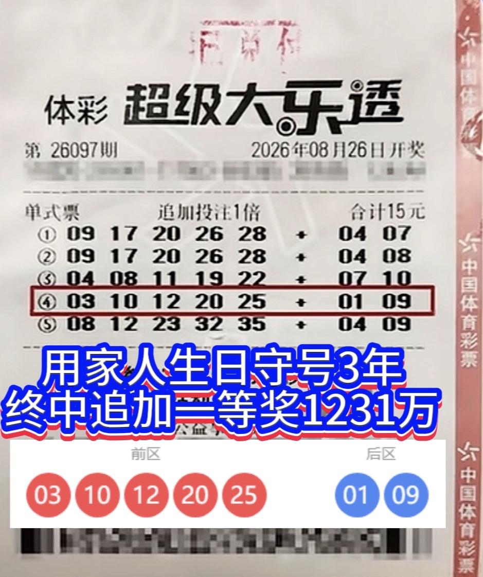 守号三年终圆梦！长春彩友用家人生日拼出1231万追加头奖。大乐透26097期
