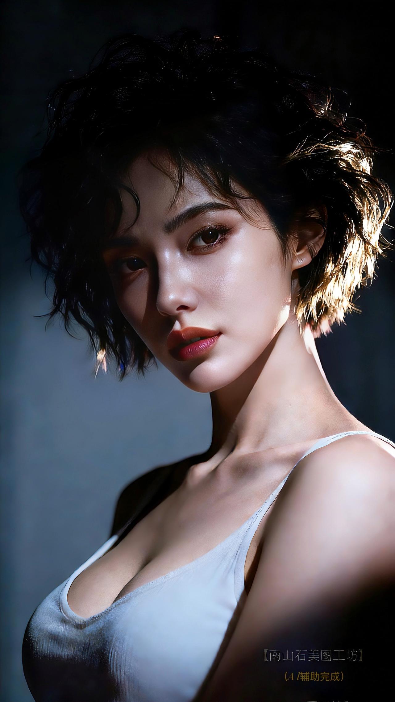 卷发被光吻出鎏金碎芒，白吊带衬得肌肤似雪凝柔光。肩颈如天鹅舒展，光影在轮廓织就朦