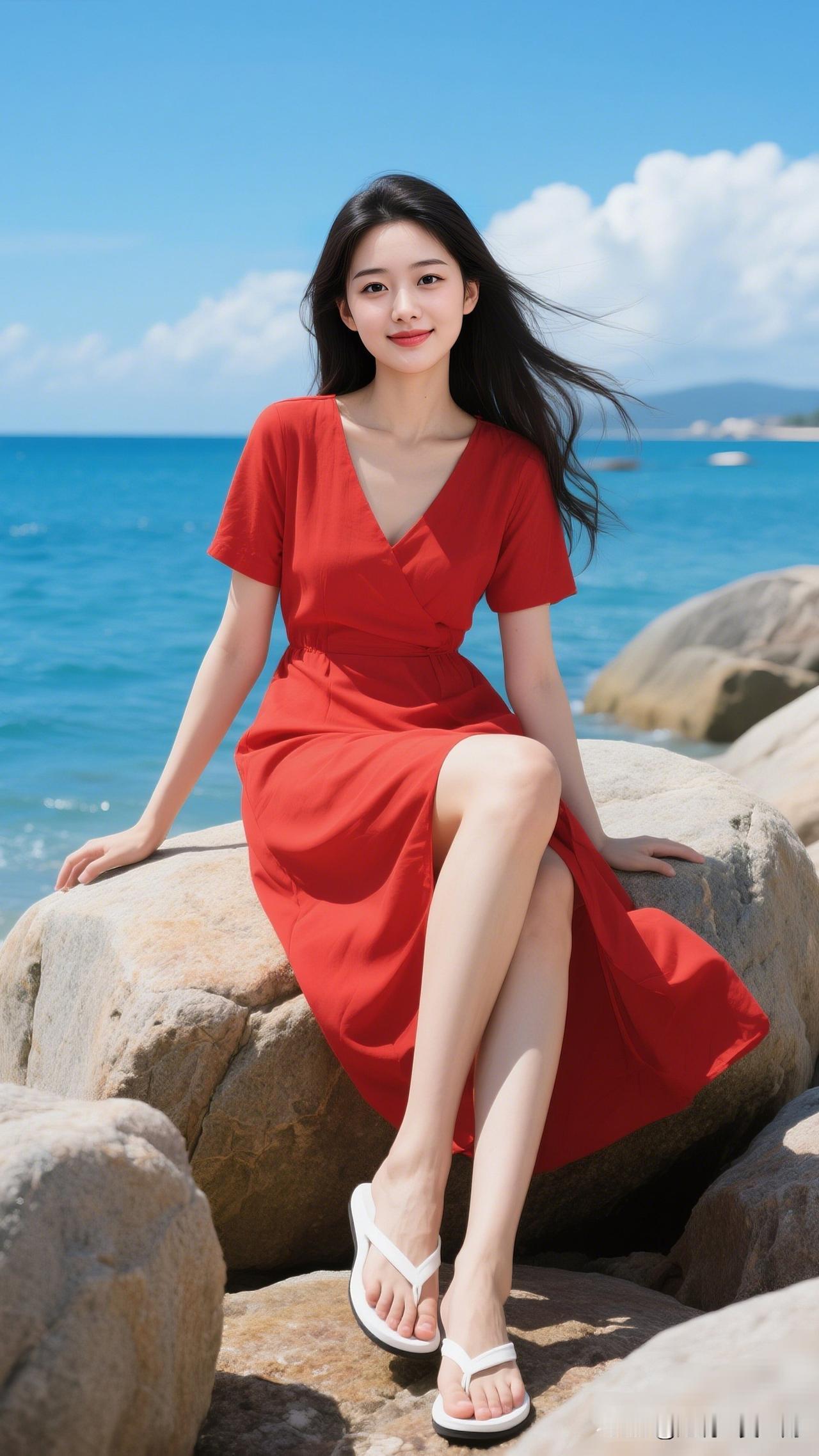 在蔚蓝海岸，那景致宛如一首绝美的诗篇。蓝天白云之下，一位身着红裙的少女静静地倚坐