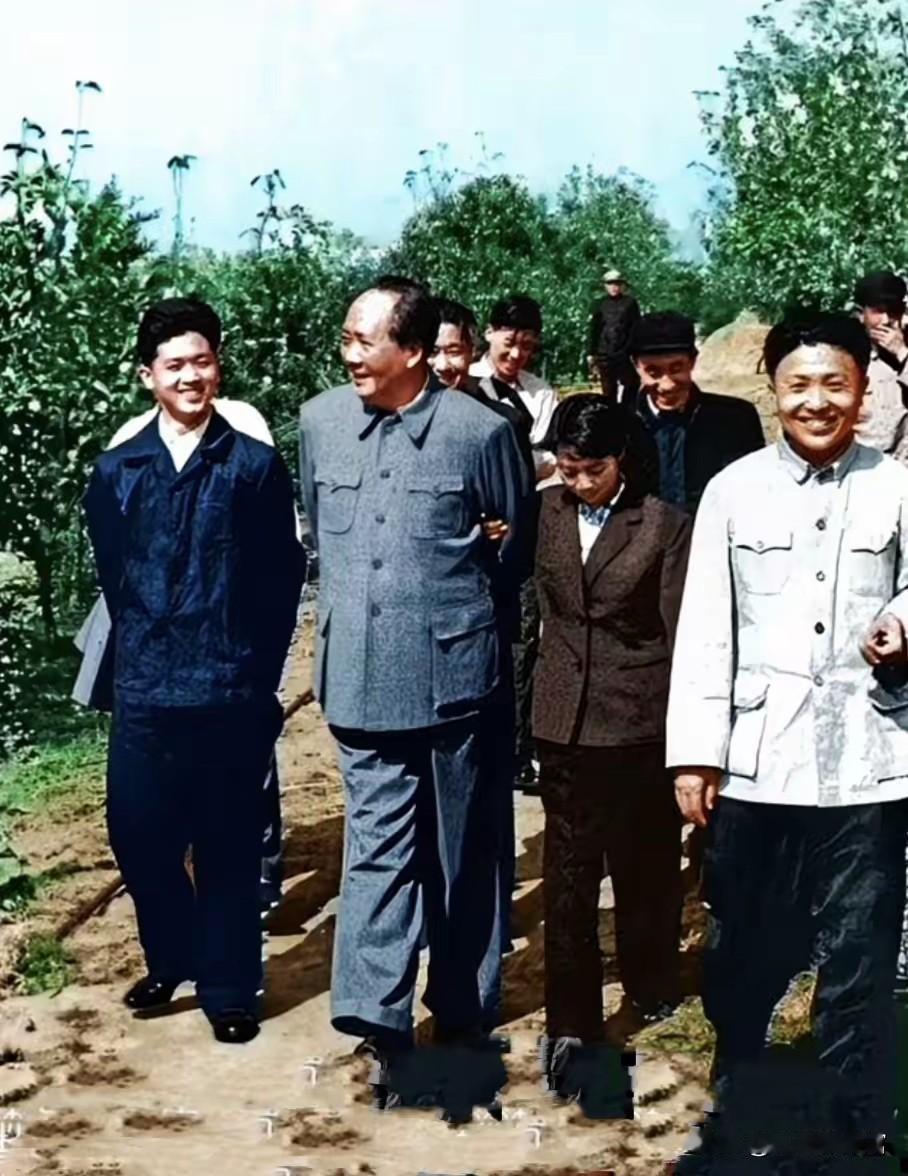 1. 果园图：毛主席深入果园与基层干部边走边交流，亲民随和。2. 群众孩童图：
