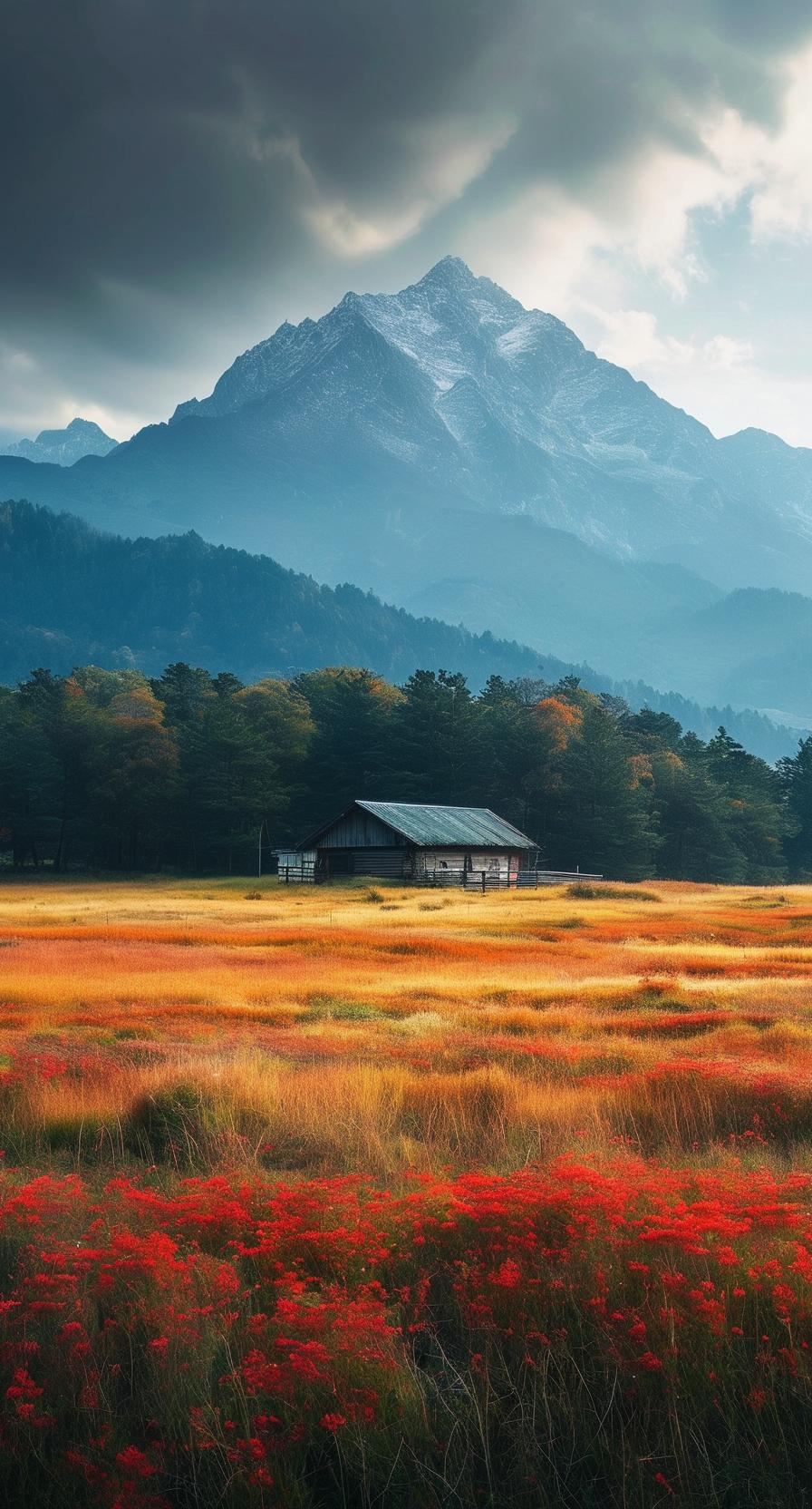 在夕阳的余晖中，远山被染成金色，河流静静流淌，倒映着天空的橙红色。微风拂过，带来