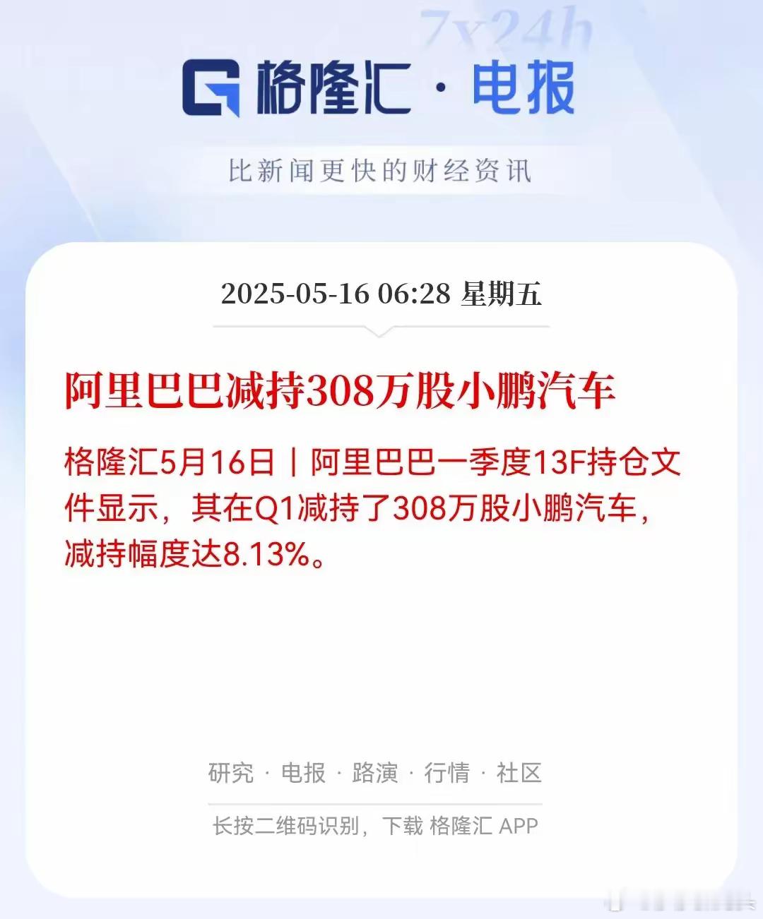 里巴巴这操作有点意思！一季度咔咔减持了308万股小鹏汽车，直接砍掉8%多的仓位，