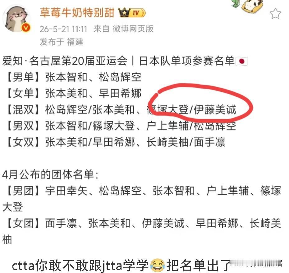 伊藤美诚又开始打混双了。刚刚看到日乒参加名古屋亚运会乒乓球各项目的名单出来了，