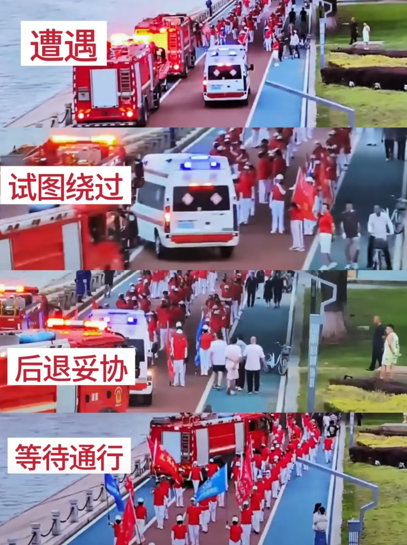 辽宁朝阳，大凌河景区内的一个“暴走团”刚排好阵型，两辆执勤的消防车和一辆120救