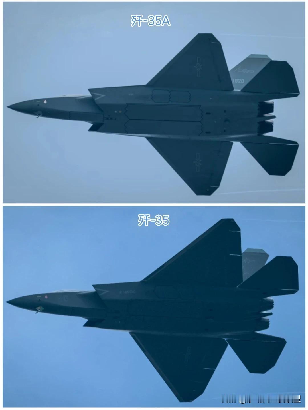 一张图展示舰载型歼-35和空军型歼-35的巨大差异，从下部视角来看，舰载型歼-3