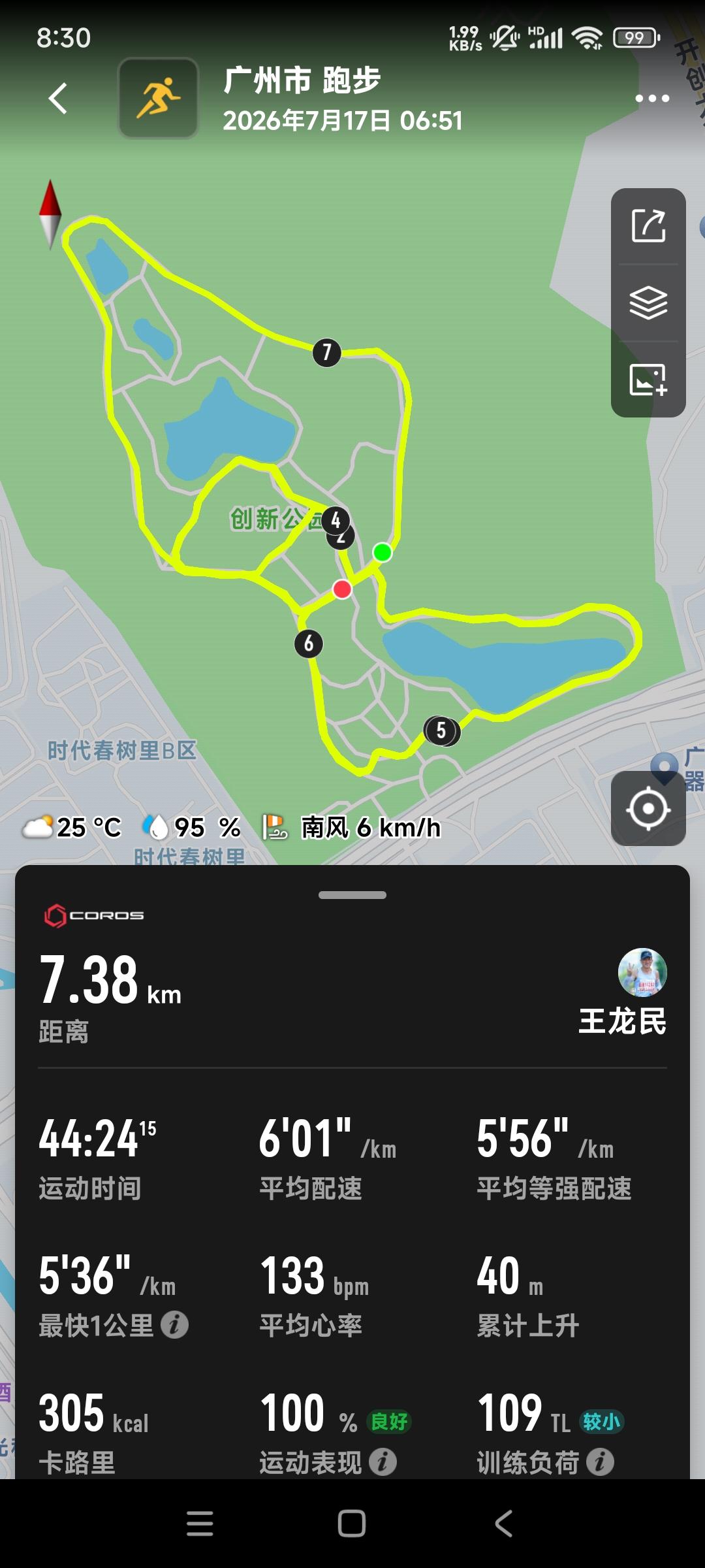 后天六盘水马拉松比赛，比赛前冒雨热身跑，7公里，配速601，平均心率133。平均