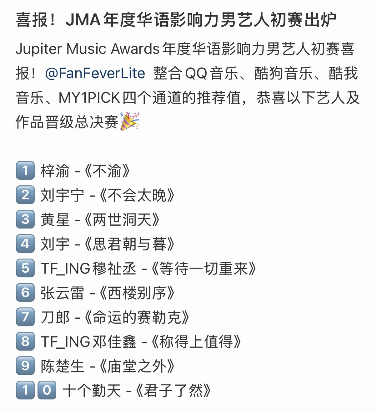 JMA年度华语影响力男艺人初赛出炉前三分别是：梓渝-《不渝》刘宇宁-《不