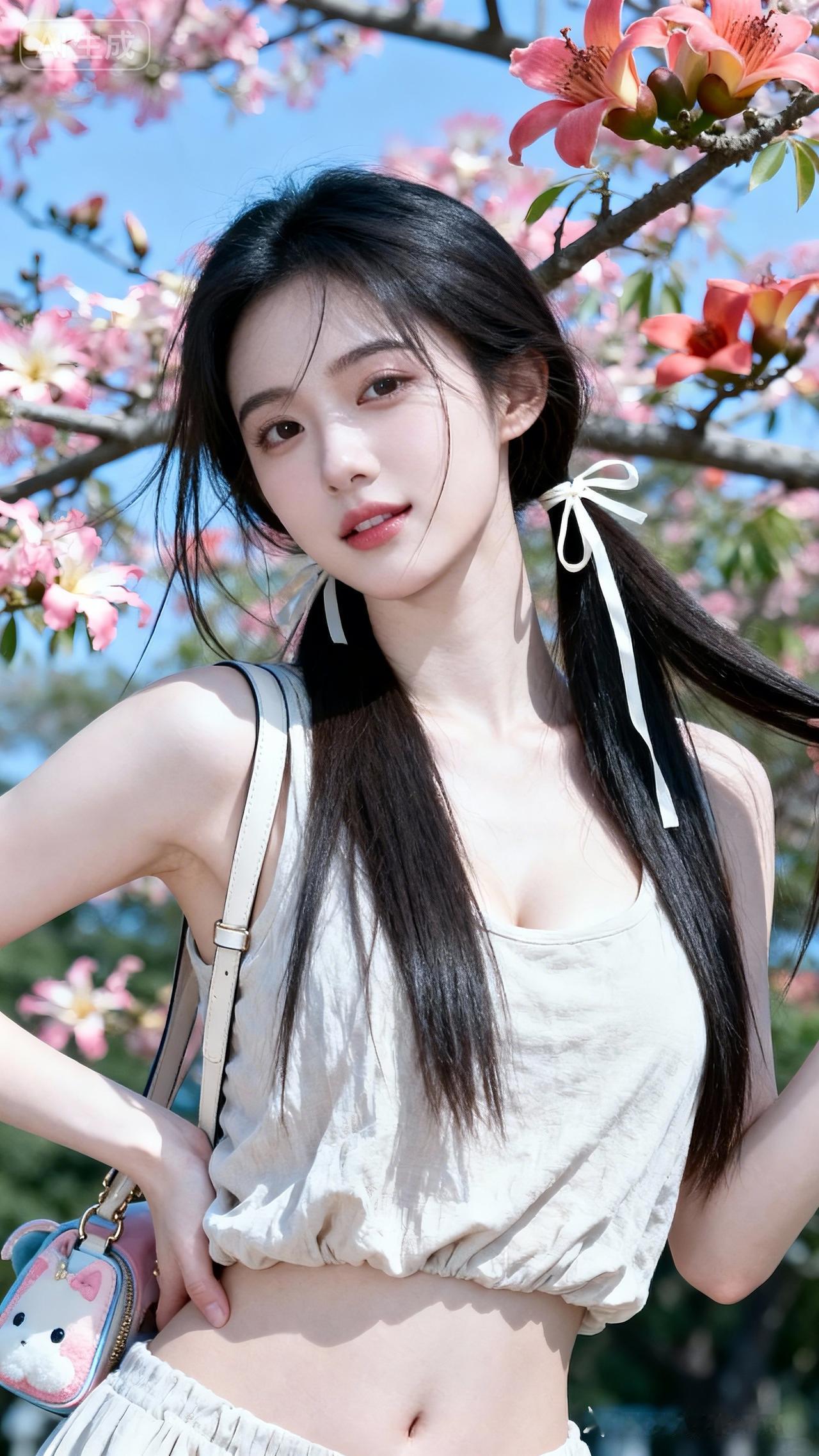 美女瓜子脸比例绝佳，松垮短背心露肩显沙漏身材，束发垂肩几缕拂面。合欢木棉春景中，