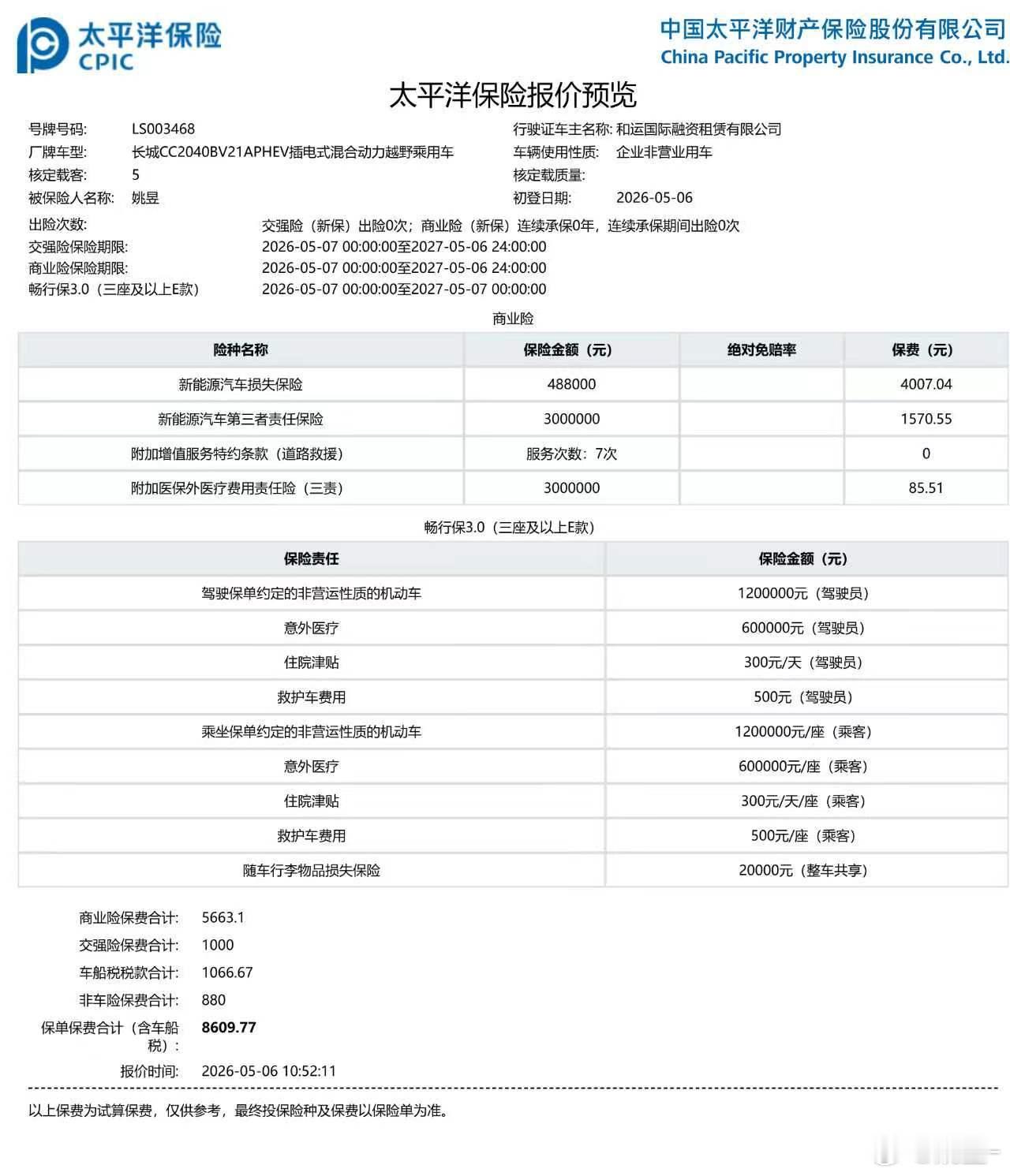 坦克700Hi4-T新车保险已出大家可参考（我这个不一定便宜，4S店上的）
