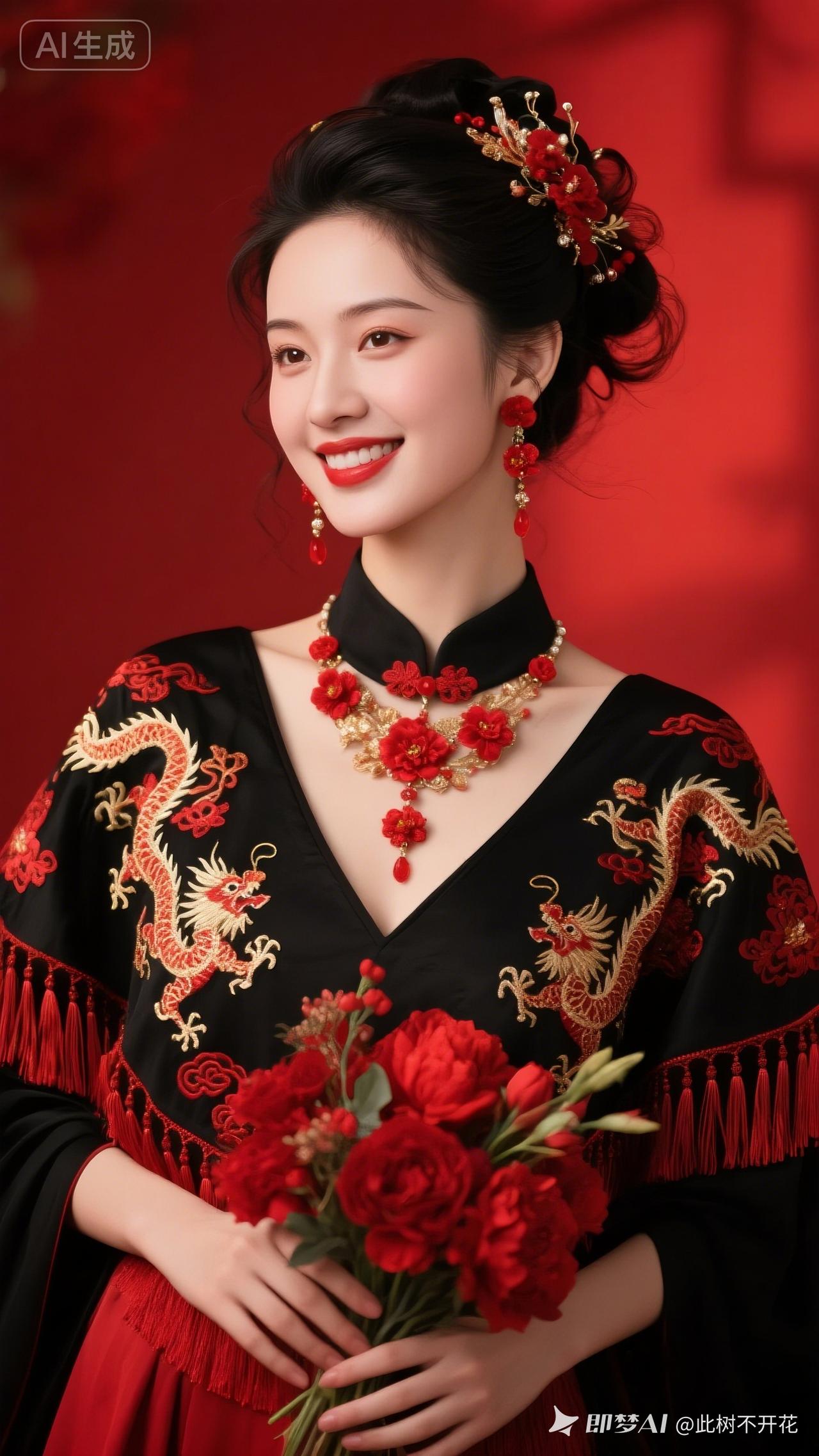 惊艳的汉服新娘，红衣金龙刺绣，手捧红玫瑰，古典优雅！