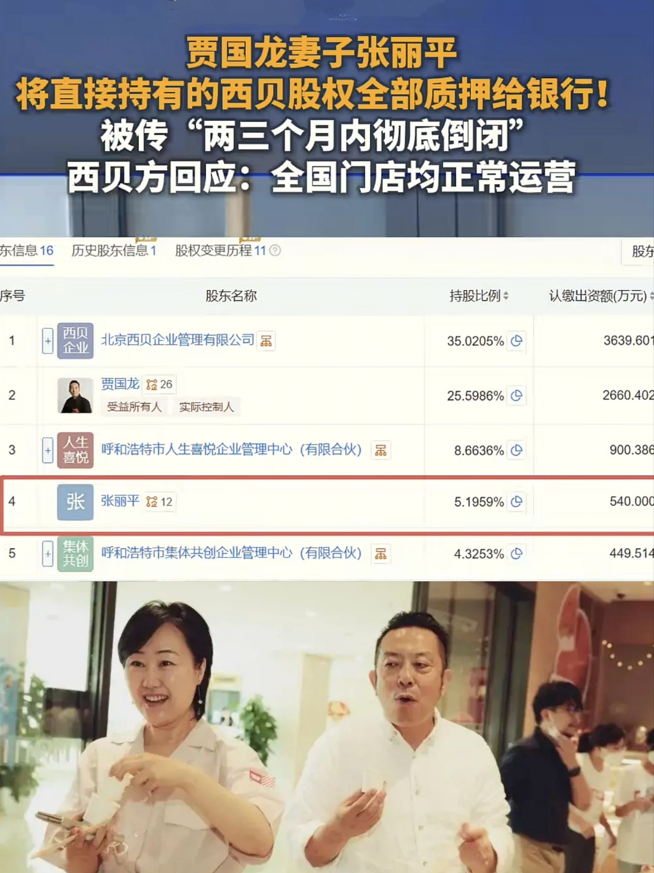 贾国龙妻子张丽平，将直接持有的西贝股权全部质押给银行！最意外的是，贾国龙妻子张丽平把直接持有的西贝股