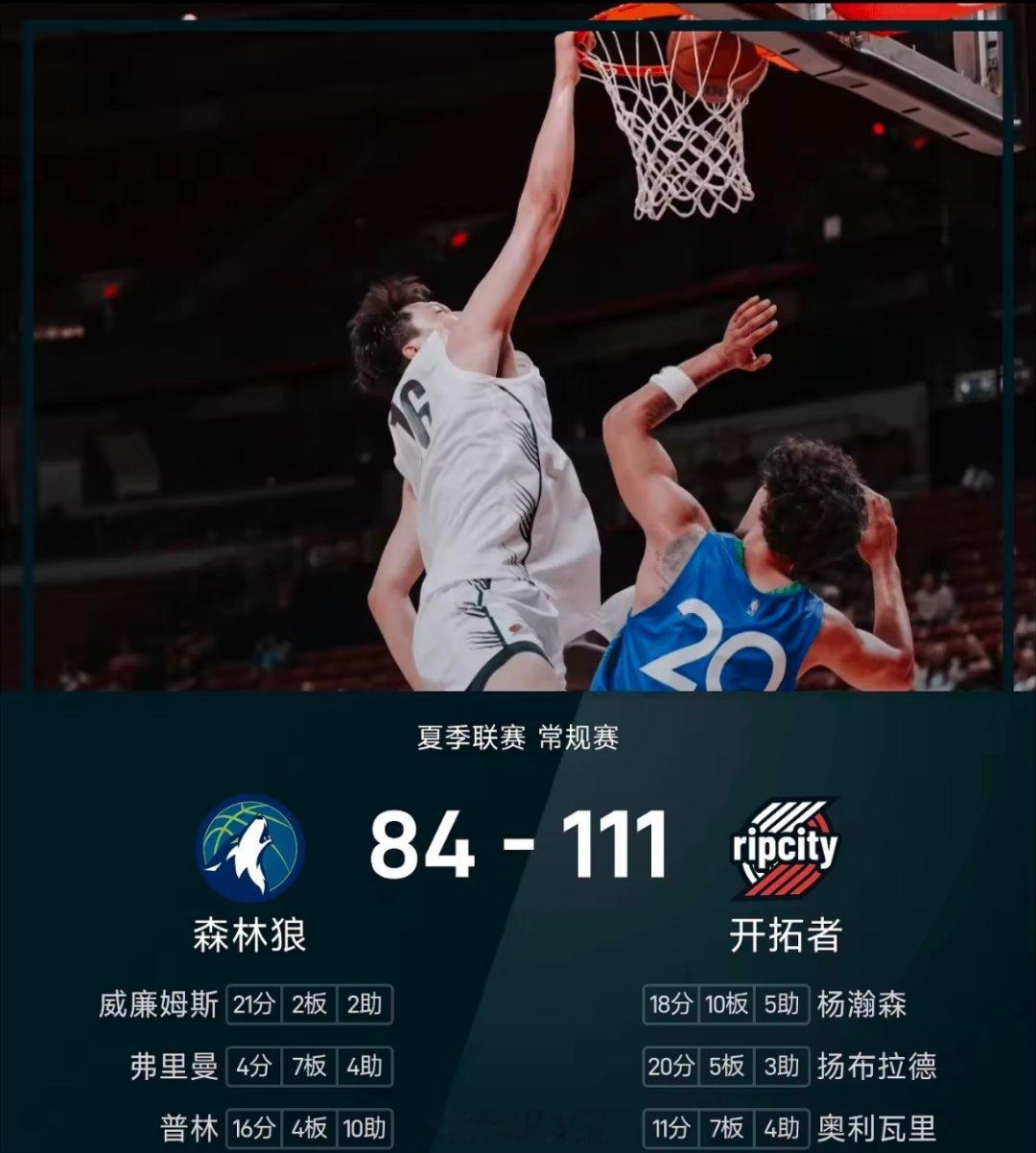 NBA夏季联赛，开拓者对阵森林狼。本场杨瀚森迎来复出，上来内线二次进攻得手，开拓
