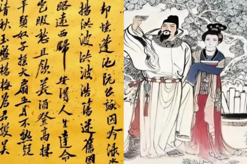 李白被贬回乡，途中遇到好友狂放吃酒，酒酣耳热之际，即兴在墙上泼墨挥毫。不承想，有