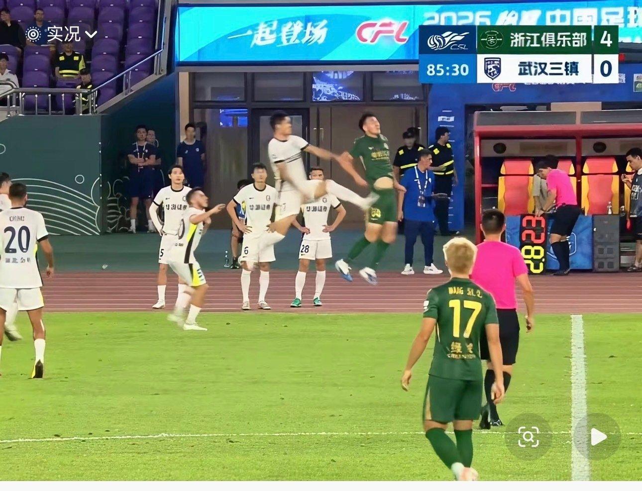#天津津门虎#请问中足联，中超联赛组委会，国家体育总局，人民日报，武汉三镇李昂对浙江队空中飞踹动作追