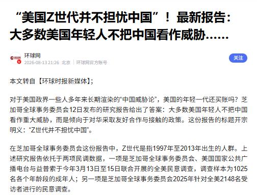 就在刚刚， 最新报告来了， 大多数美国年轻人不把中国看作威胁！ 这么