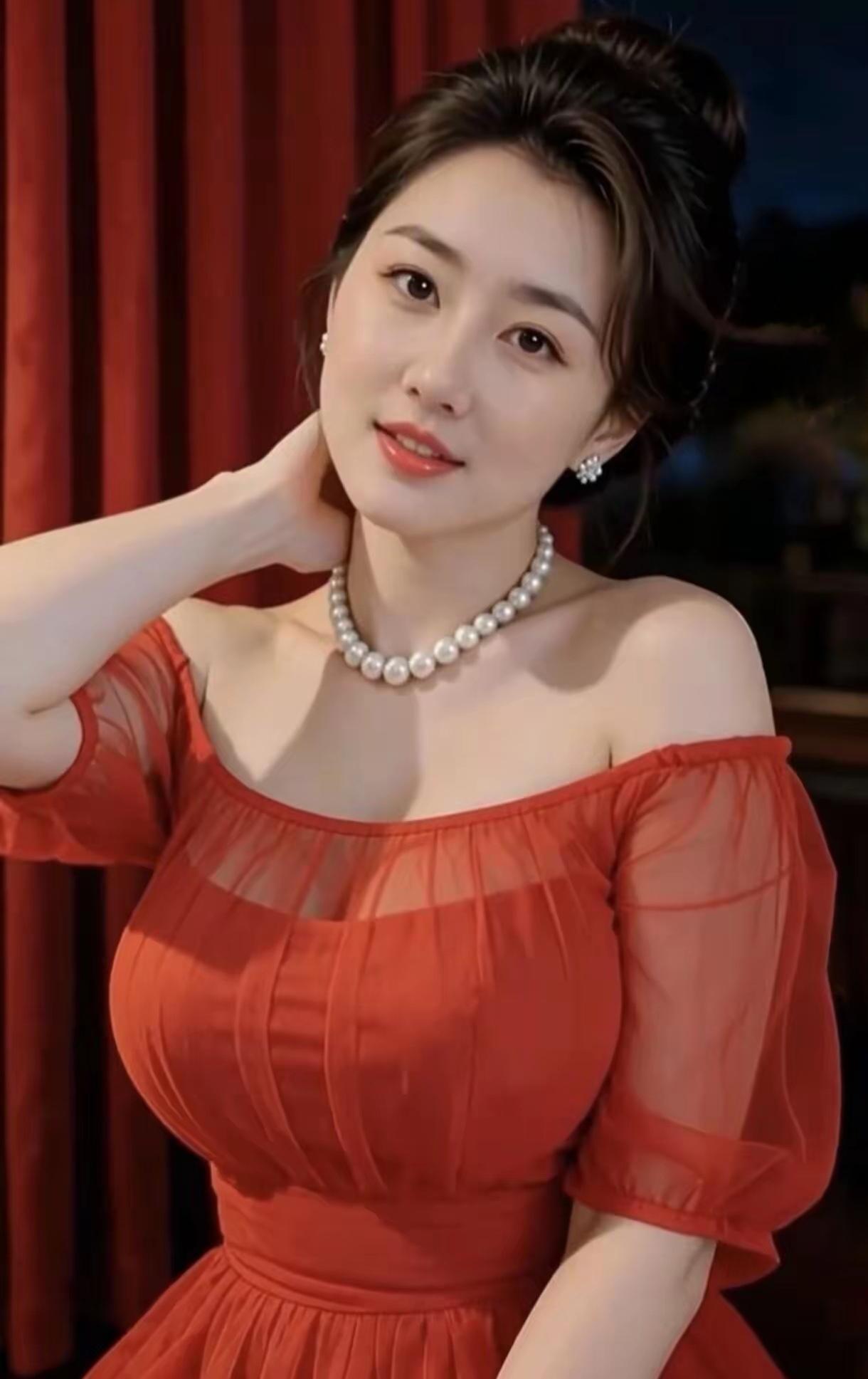 这美女穿得真漂亮，珍珠项链好显眼！