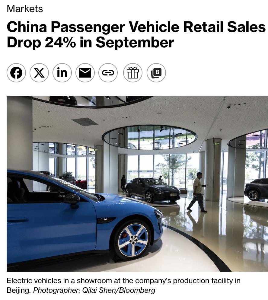 美媒：中国9月乘用车零售销量同比暴跌24%至170.2万辆，新能源汽车销量也下滑