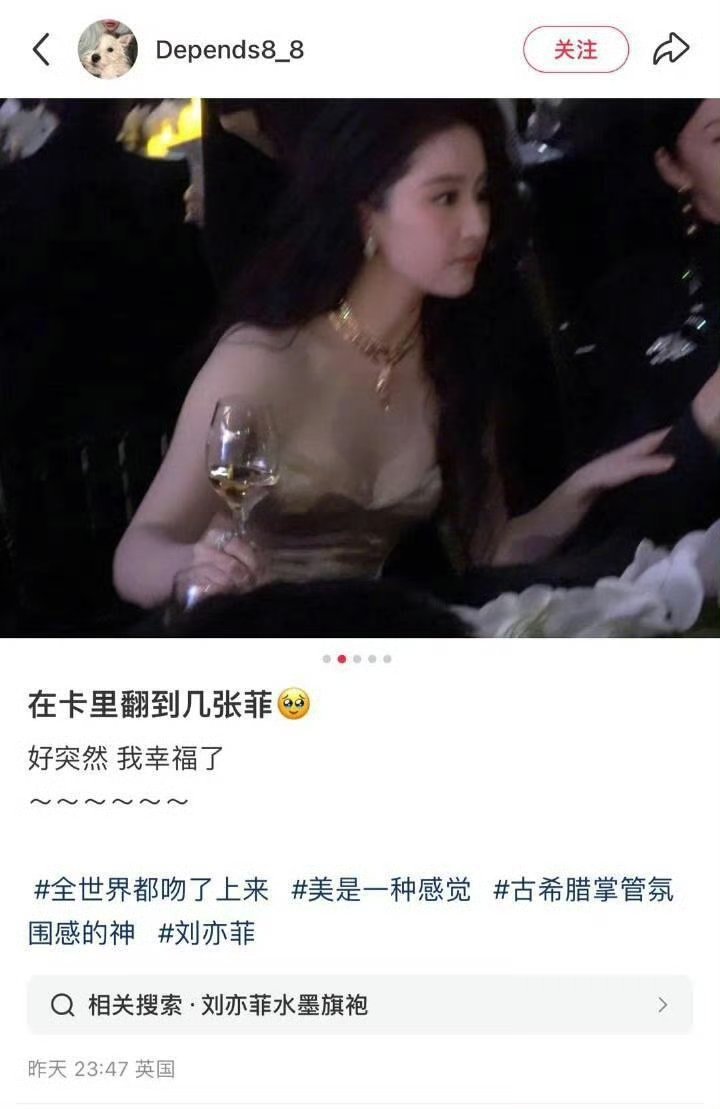 在英国的博主发的刘亦菲的酒会照片，举止优雅，颜值惊人，这也太好看了吧