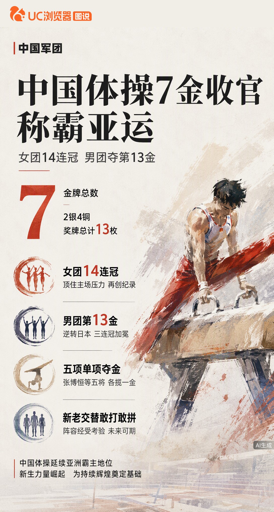 7金2银4铜！中国体操队名古屋亚运收官，女团顶住主场压力创14连冠，男团逆转日本夺第13金。五个单项