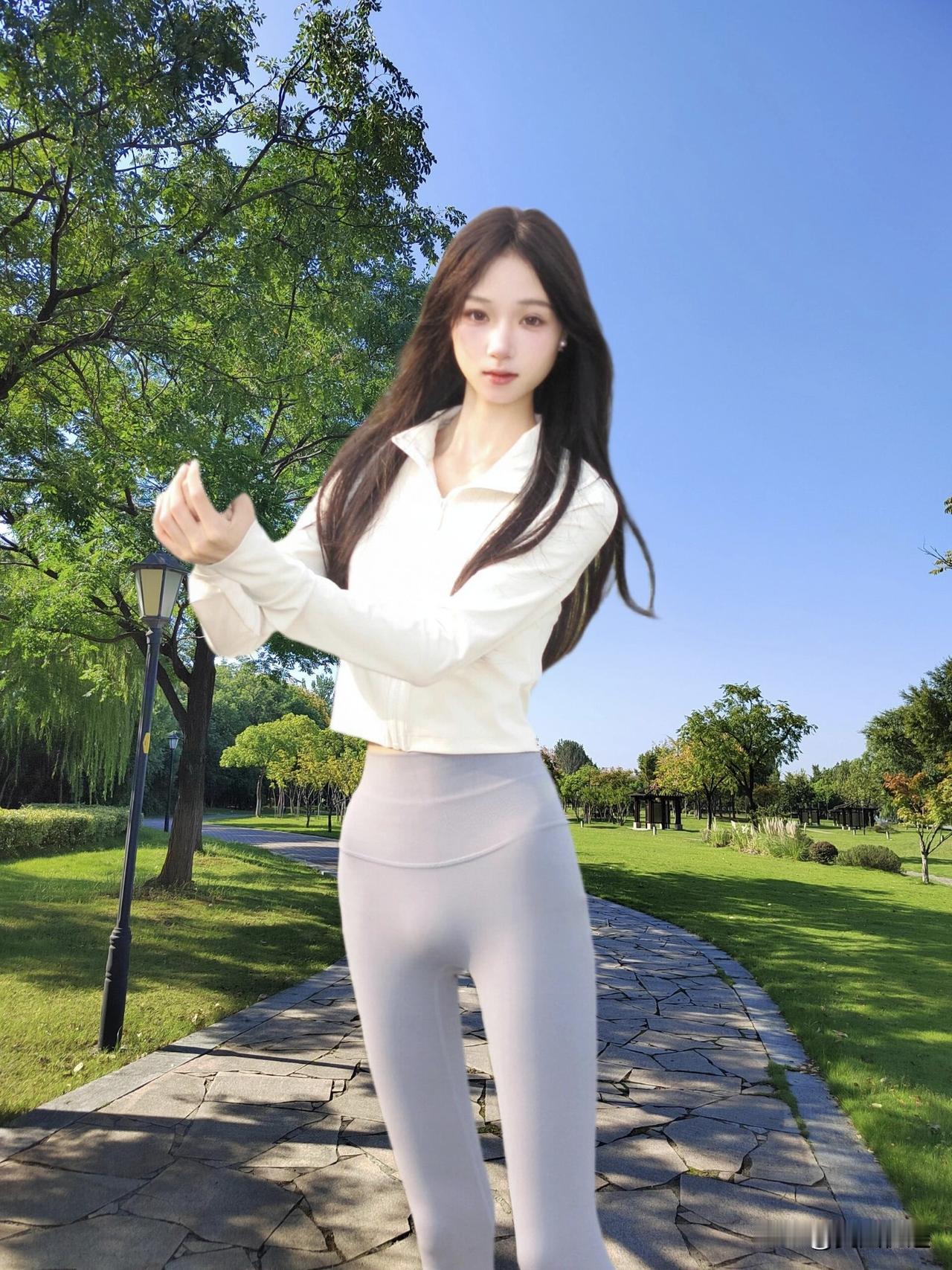 清新自然，公园里的优雅白衣少女