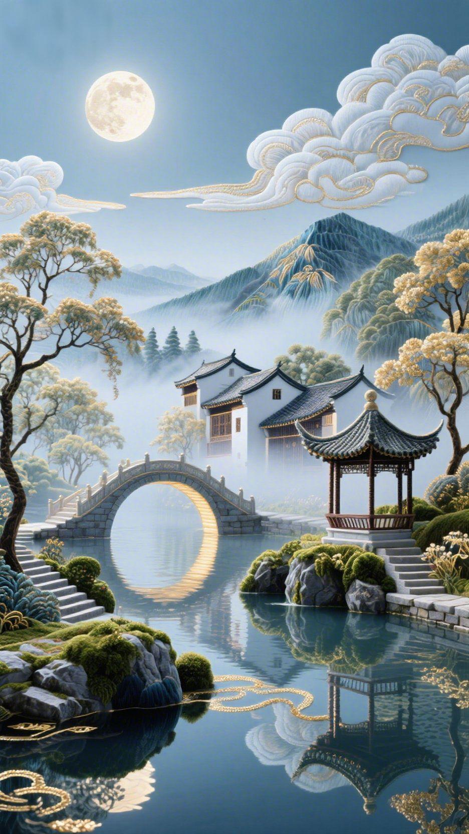 江南月满入画来当一轮满月悬于清透的青蓝天幕，银辉遍洒，江南的山水便化作了一