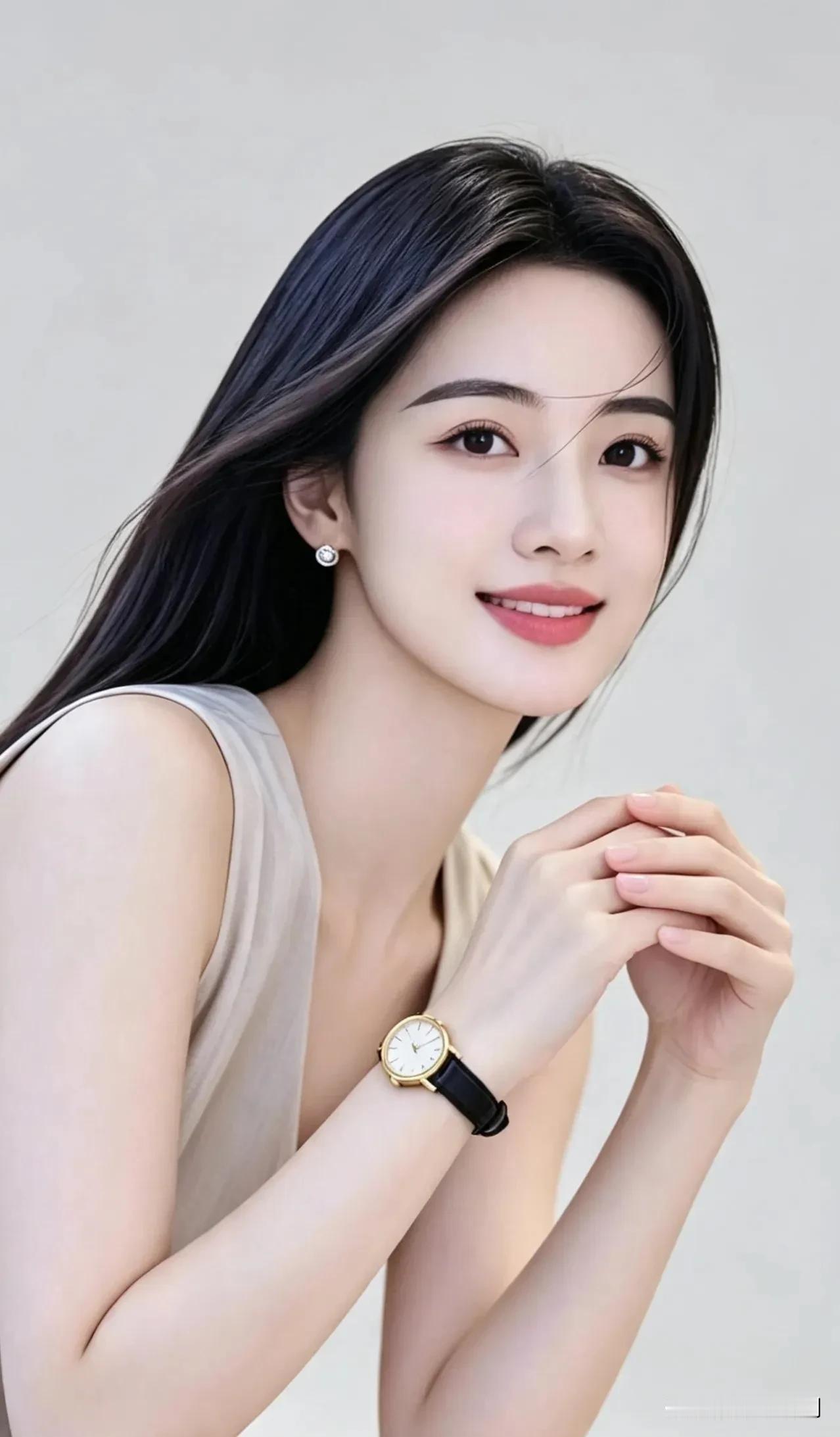 秀发轻扬素影清，明眸含笑自盈盈。时光腕上悠然渡，一世从容雅韵生国色天姿美女照