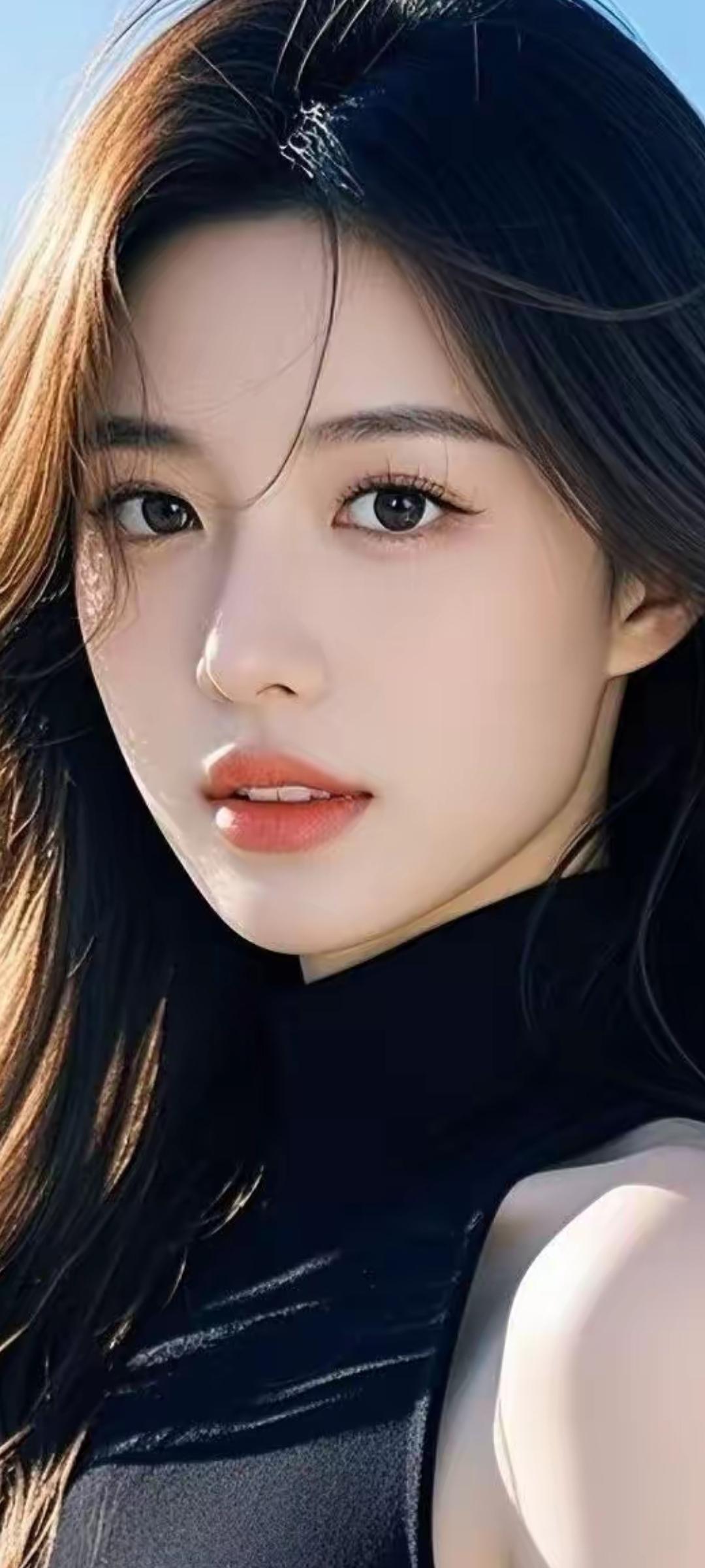 阳光下的甜美少女，黑发红唇，清新自然。