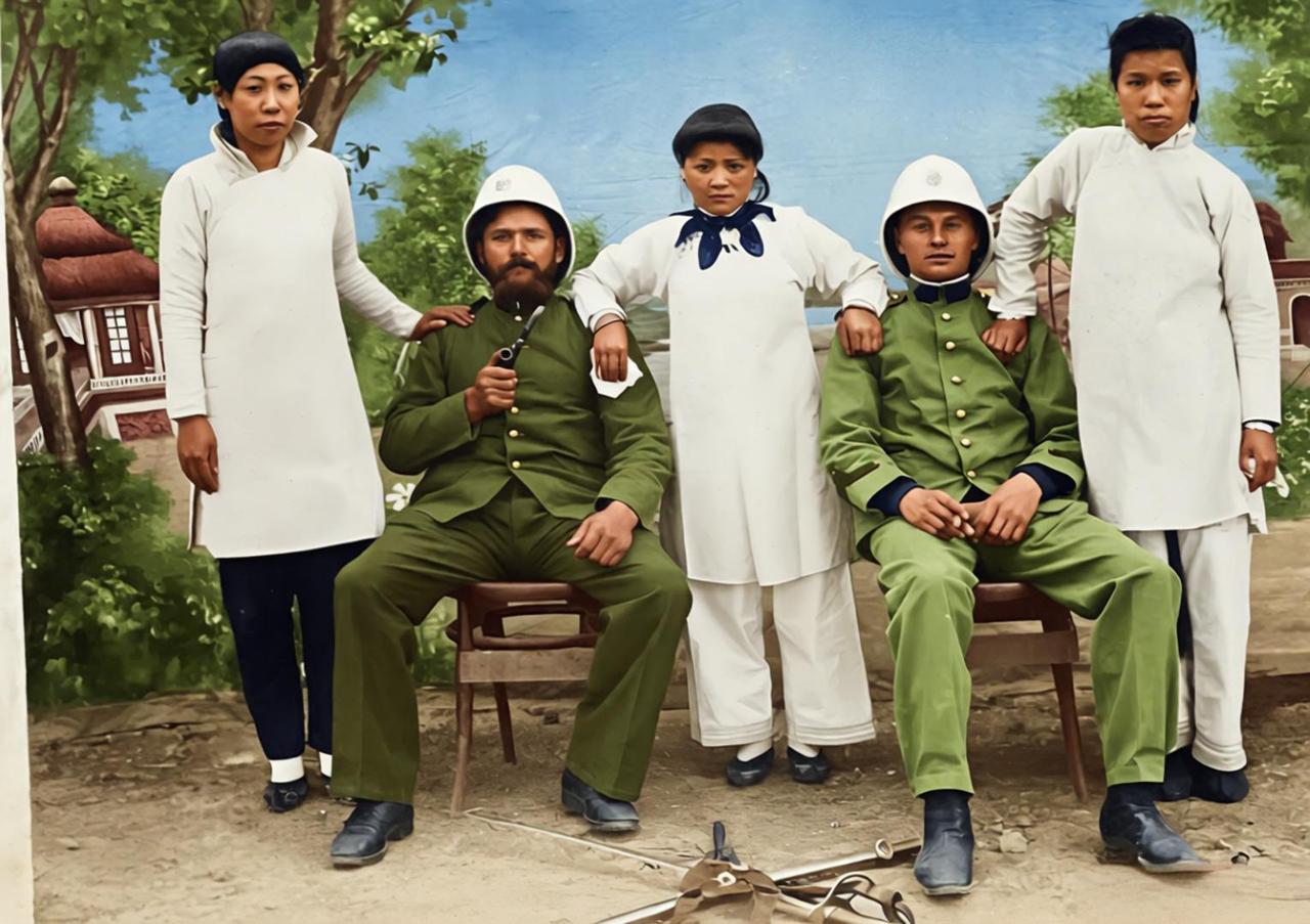 这是1900年代天津的一张摆拍合影，由驻津法国兵拍摄，照片中两位身着军装的法国兵