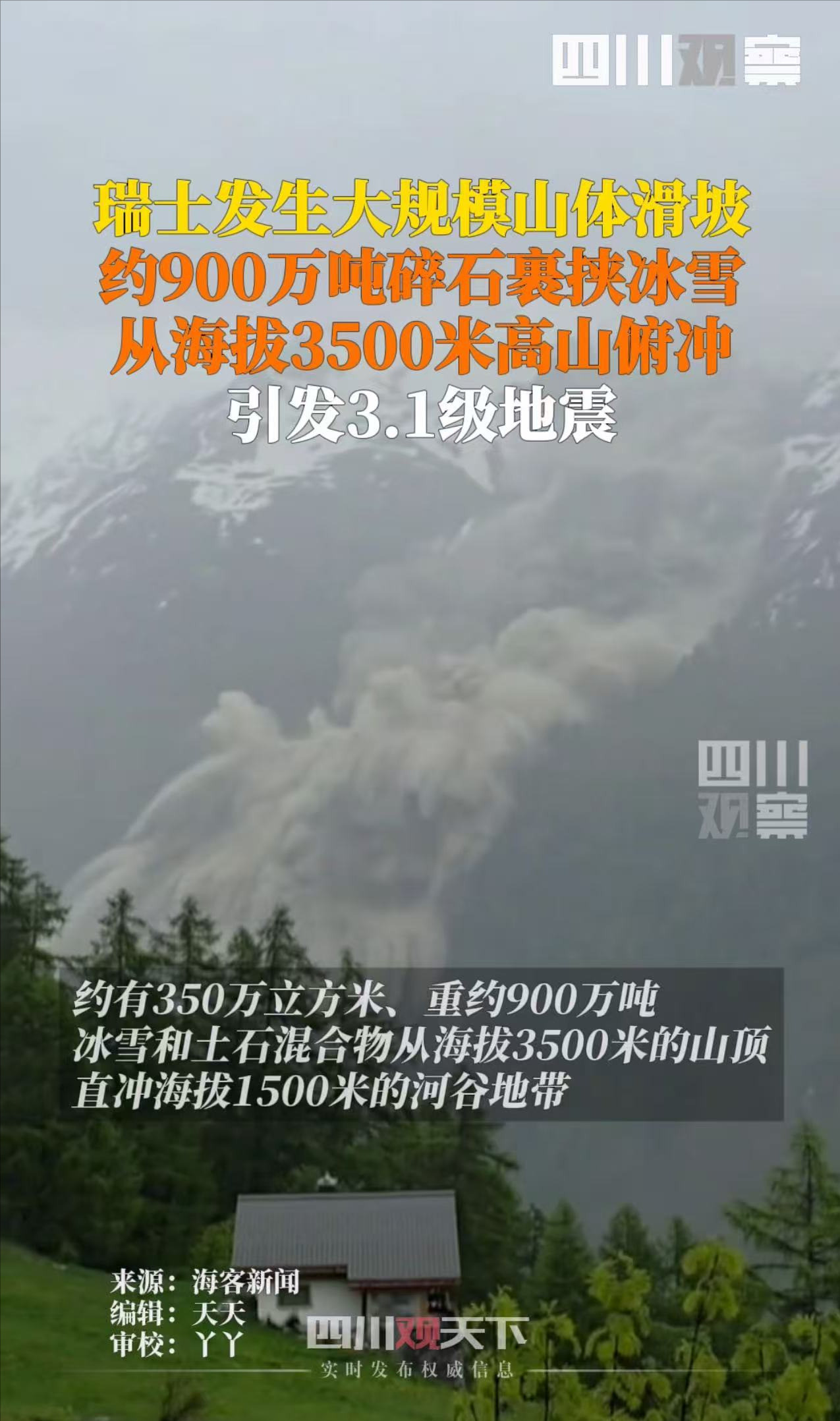 瑞士冰川崩塌村庄被毁这天，平静的瑞士阿尔卑斯山突然发出惊