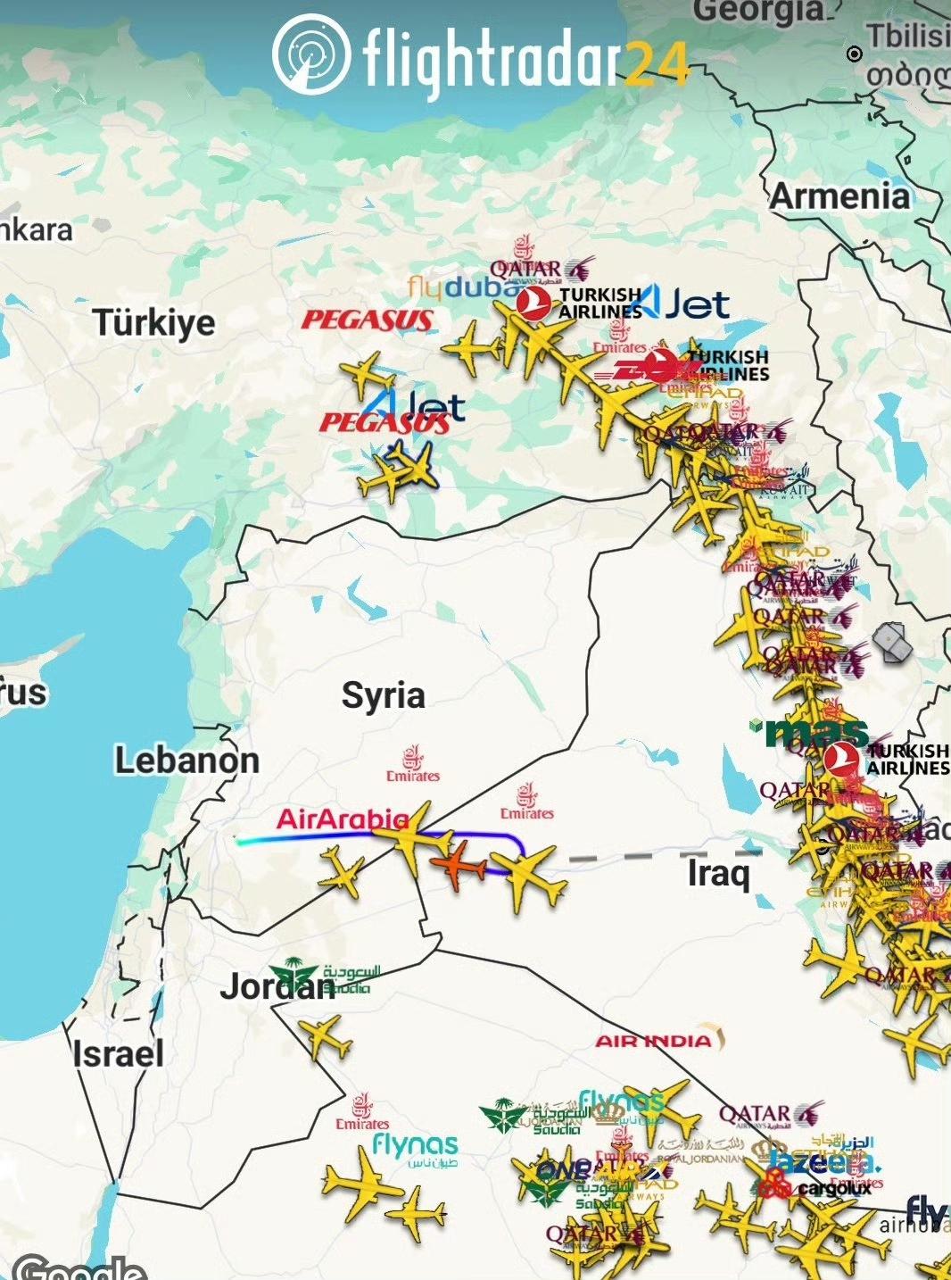 伊拉克巴格达机场即将关闭，空域预计在数分钟后开始清空！根据专业航空网站数据，