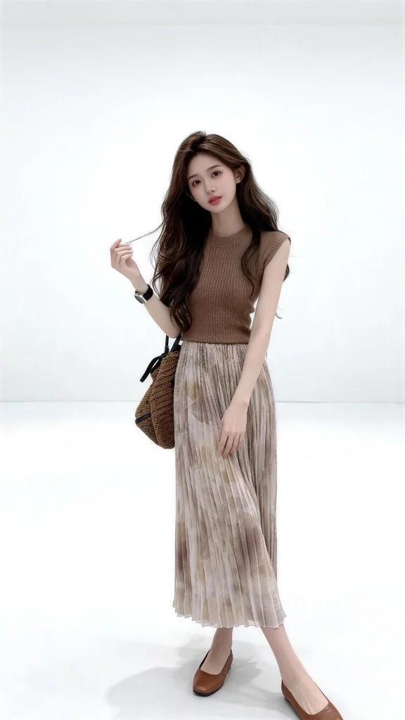 棕色连衣裙穿搭灵感棕色格子裙穿搭温柔风网纱褶皱半身裙百搭花苞裙高腰显瘦高