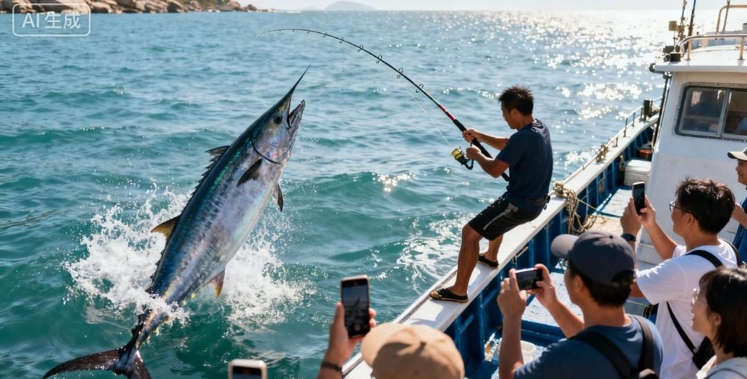 震撼！珠海渔民钓起227斤“鱼王”，体长2.6米，5个壮汉才抬动，现场惊呼不断！