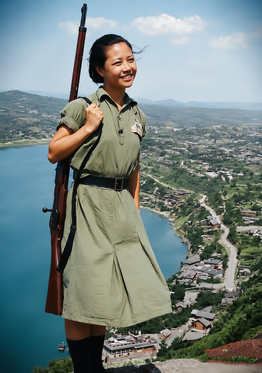 碧水青山间，少女笑容澄澈，背上却扛着一杆长长的步枪。这张来自美国《LIFE》